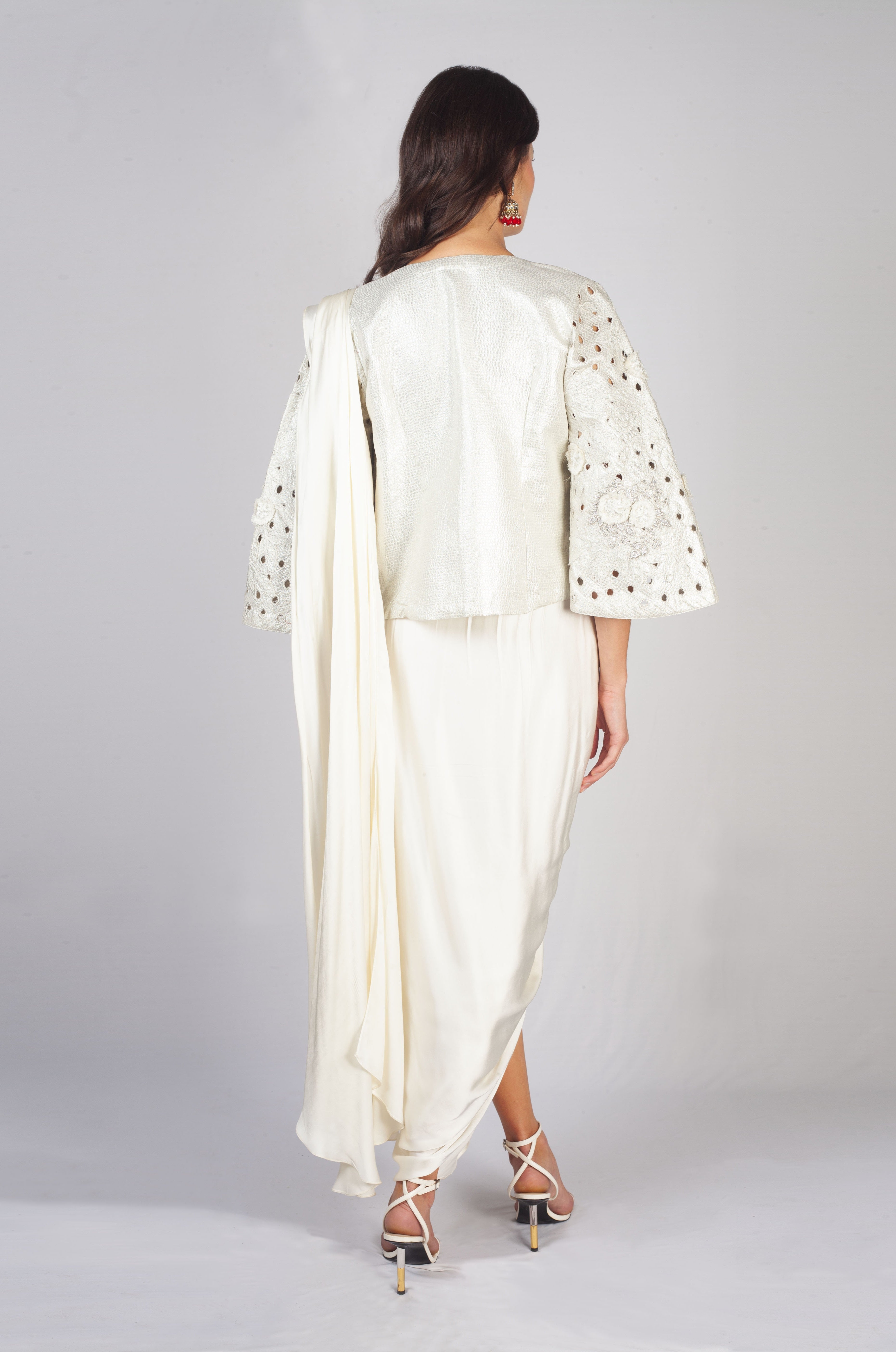 Ivory Frost Embroidered Satin Silk Pre-Draped Jacket Saree