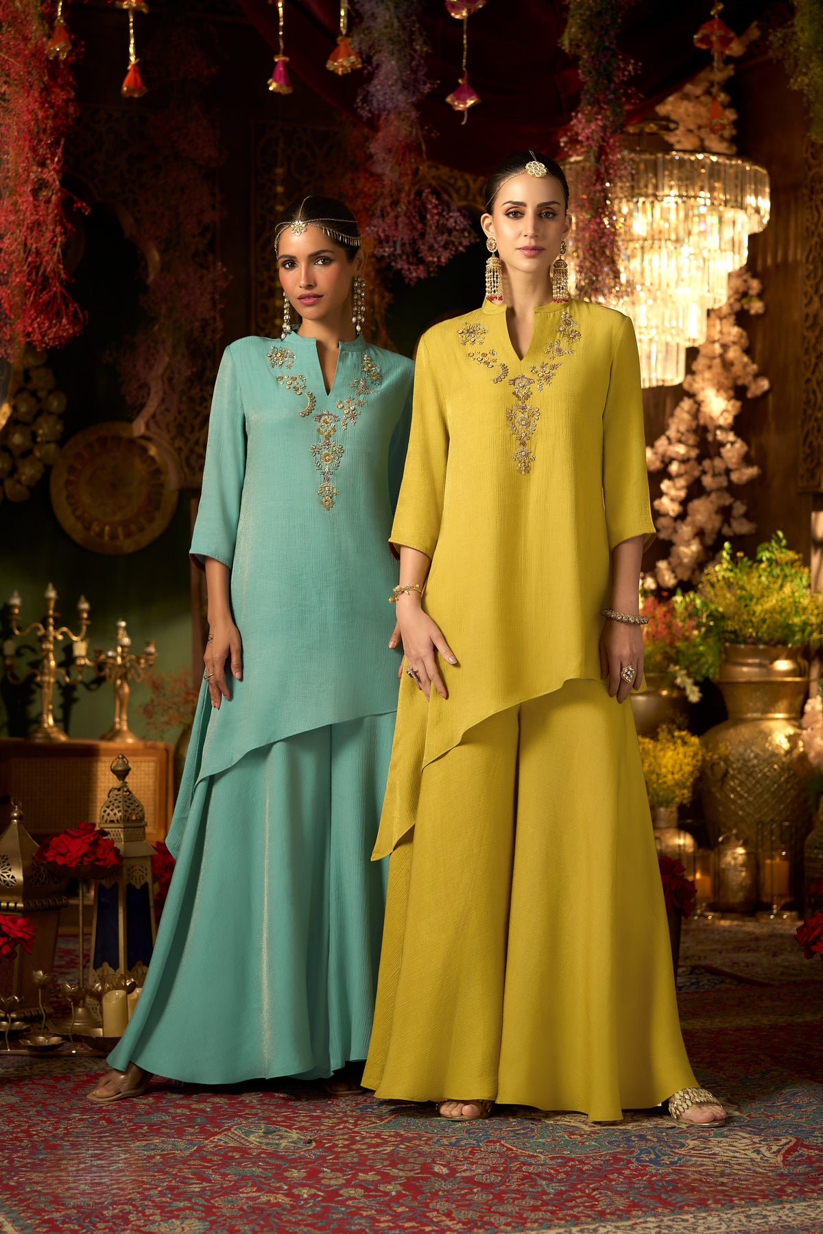 Lime Yellow Embellished Shimmer Silk Palazzo Set