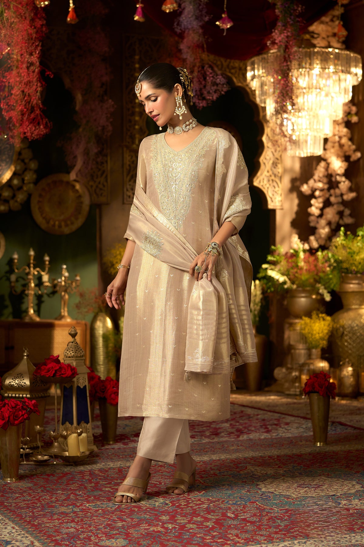 Muted Metallic Gold Embellished Shimmer Silk Pant Set