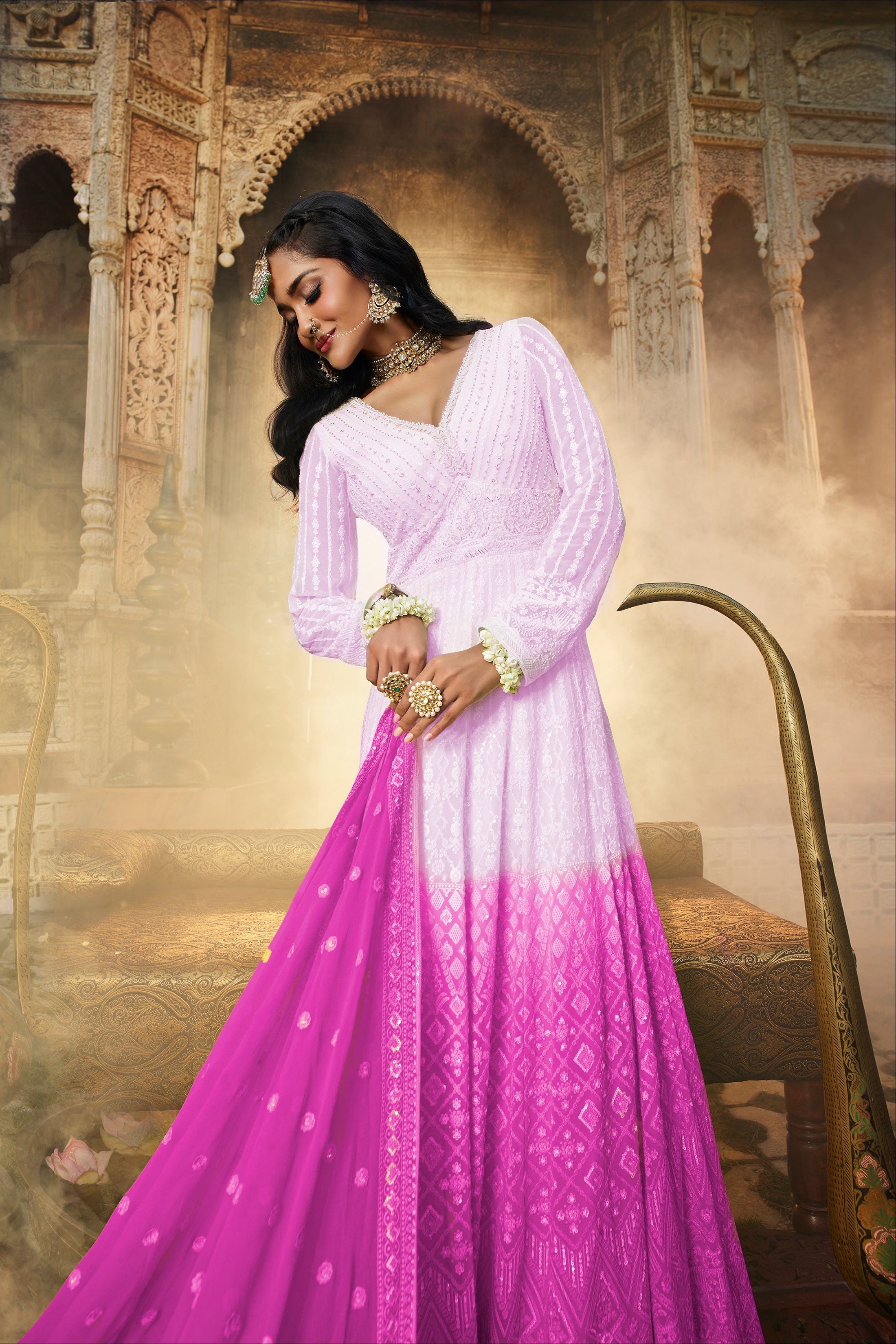 Pink Ombre-Dyed Georgette Silk Anarkali Set