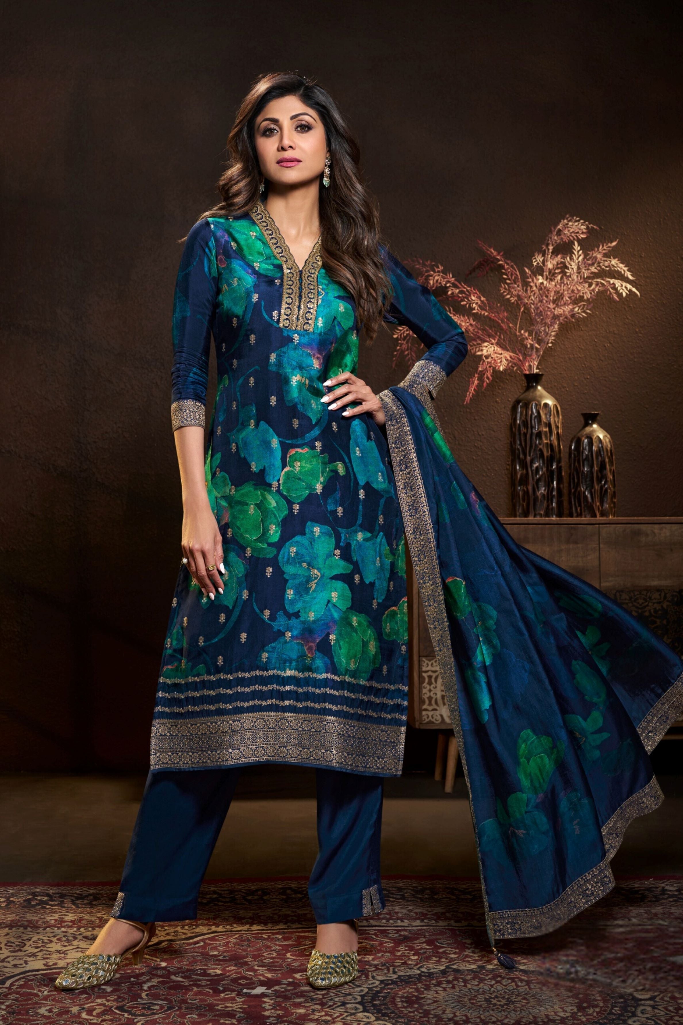 Blue Digital Printed Dola Silk Pants Set