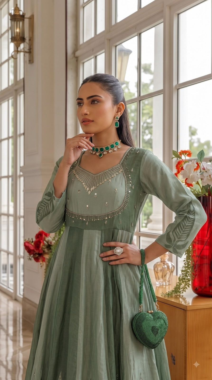 Green Pastel Embellished Shimmer Tissue Silk Anarkali Set