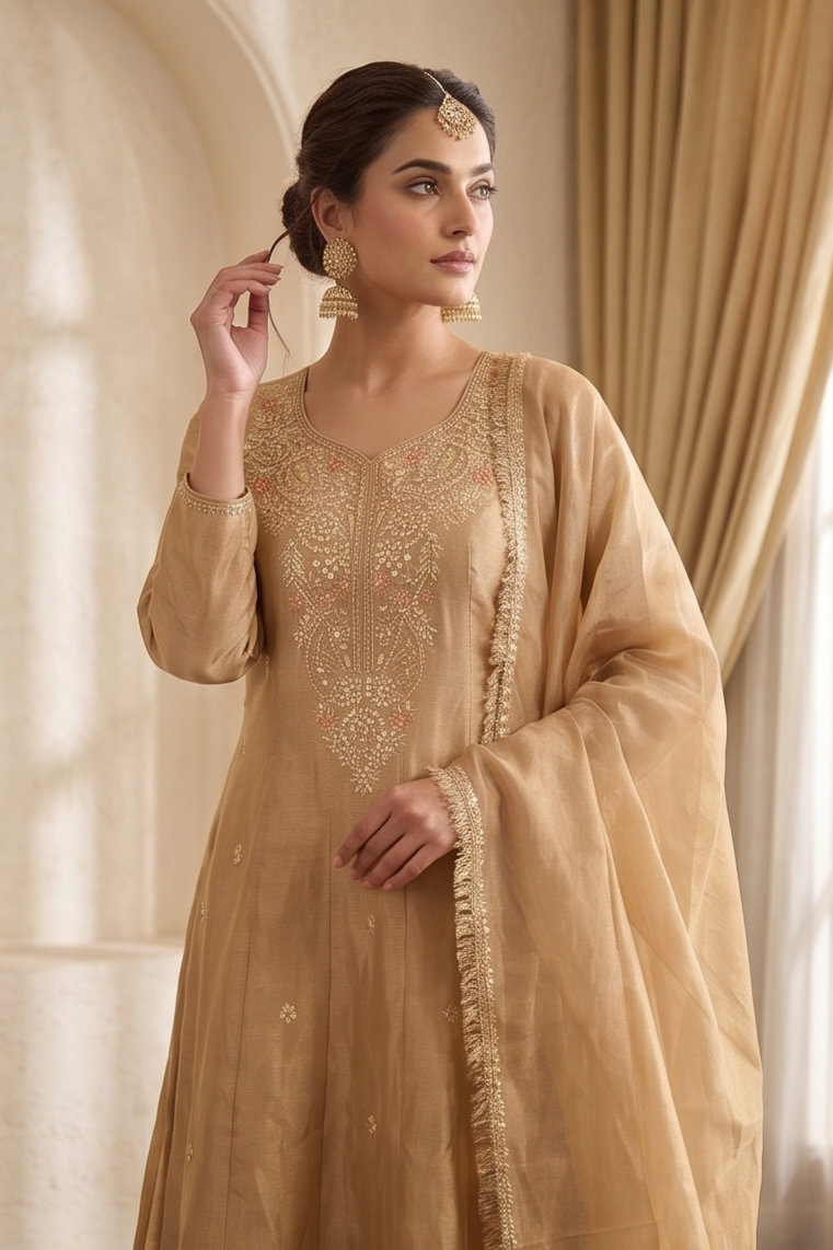 Soft Gold Tissue Silk Anarkali Suit Set