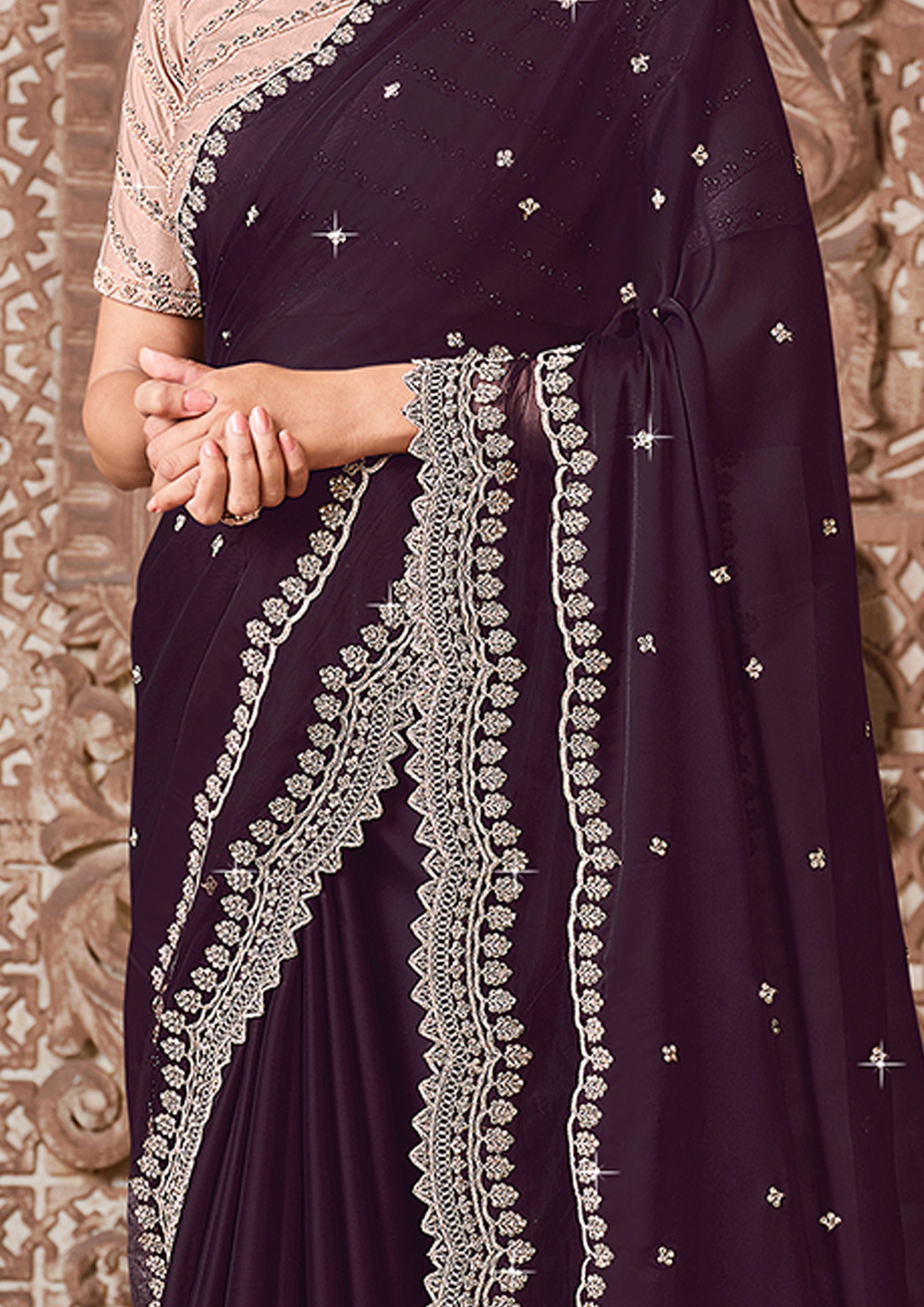 Wine Embellished Georgette Silk Saree