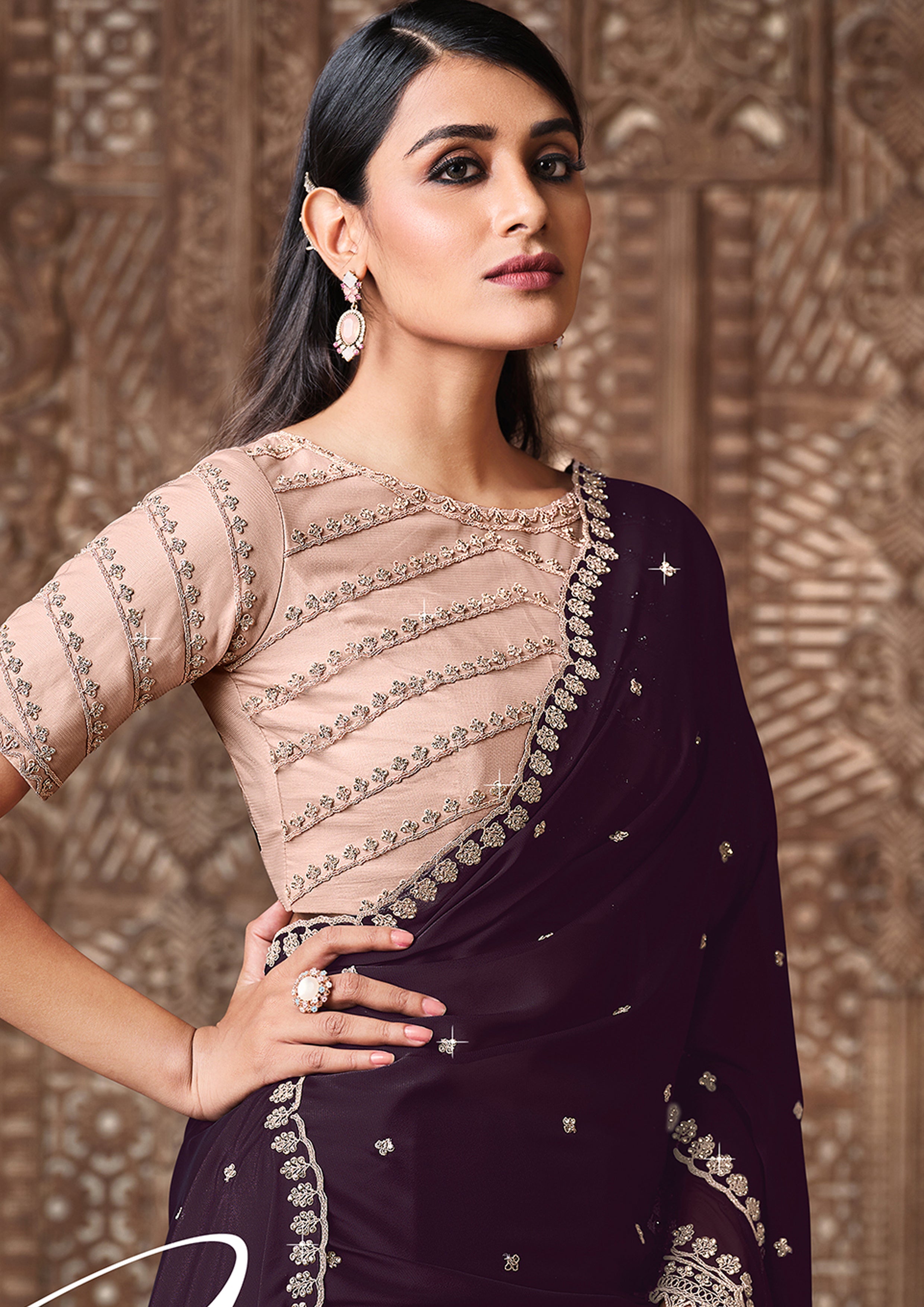 Wine Embellished Georgette Silk Saree