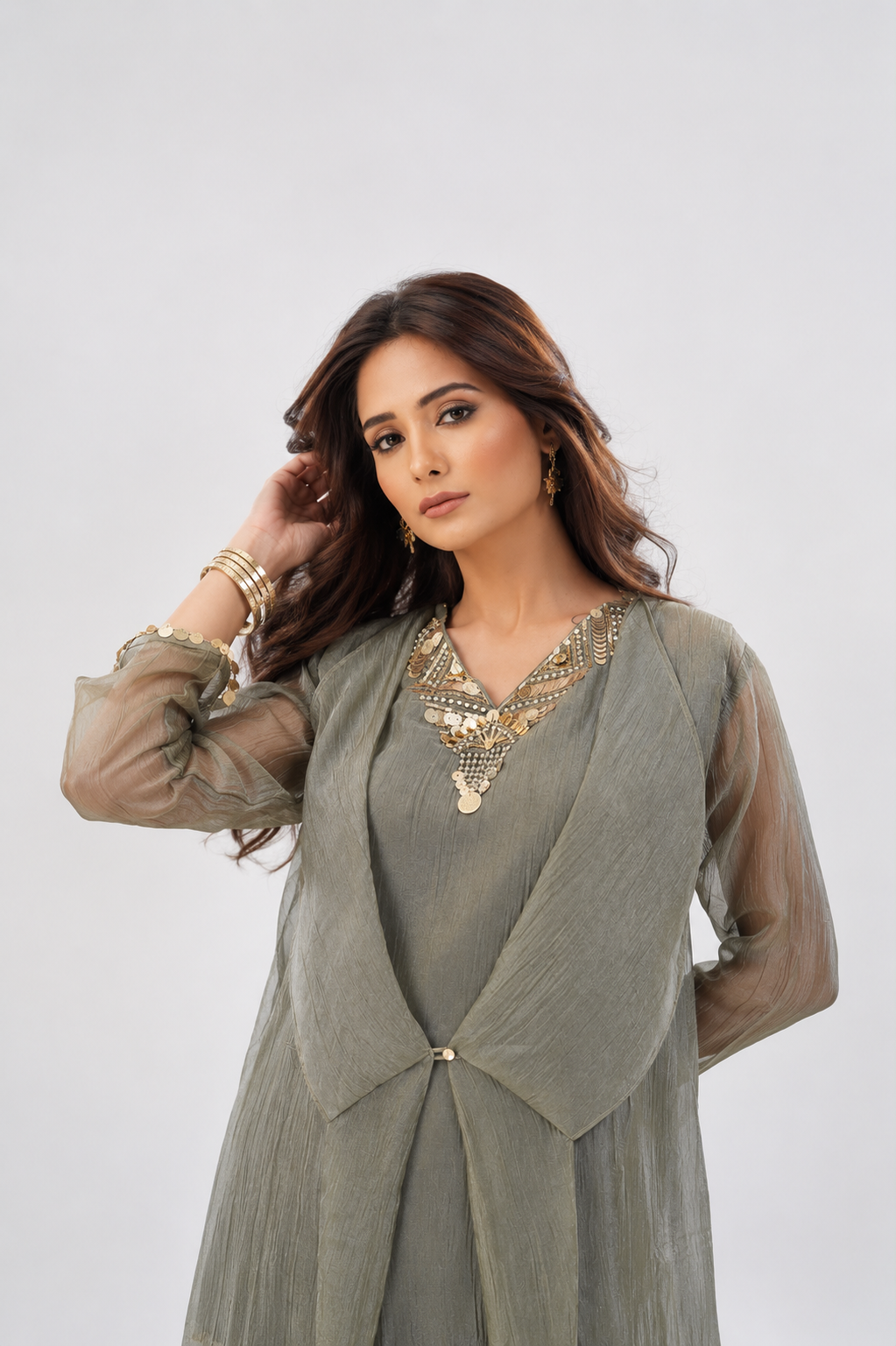 Misty Olive Embellished Organza Silk Co-Ord Set