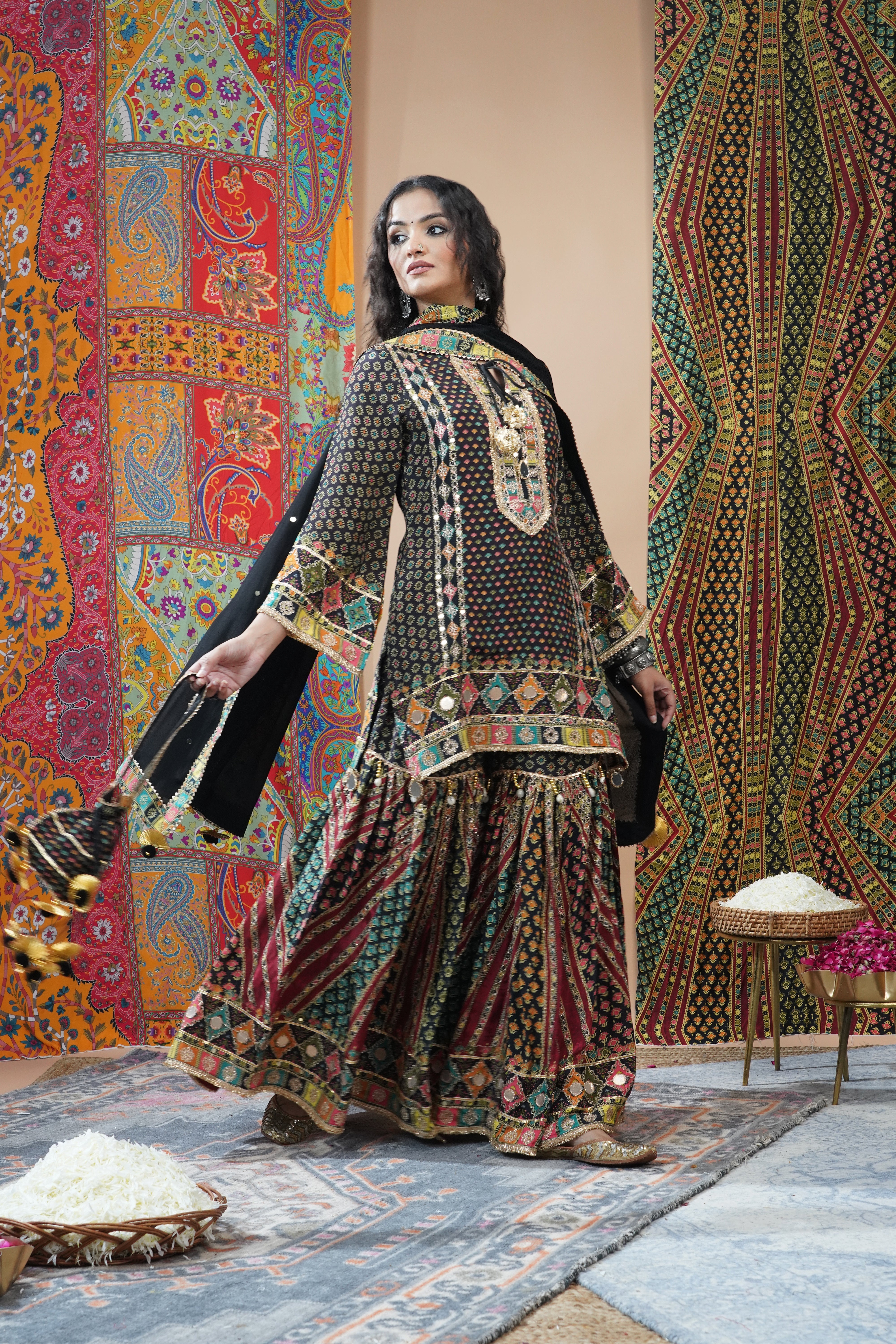 Festive Brown Ethnic Printed Crepe Silk Sharara Set