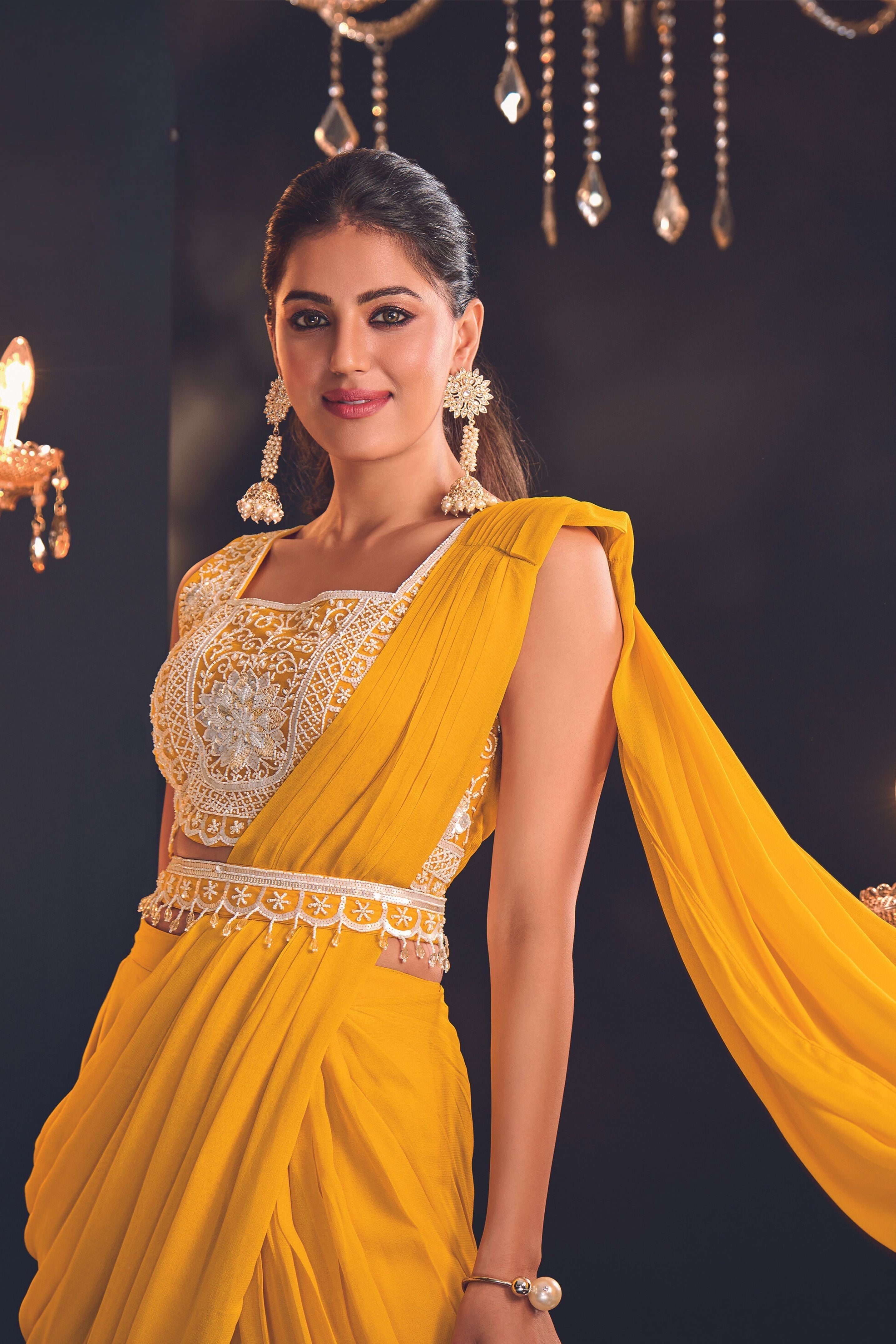 Festive Yellow Embellished Premium Georgette Silk Sharara Saree