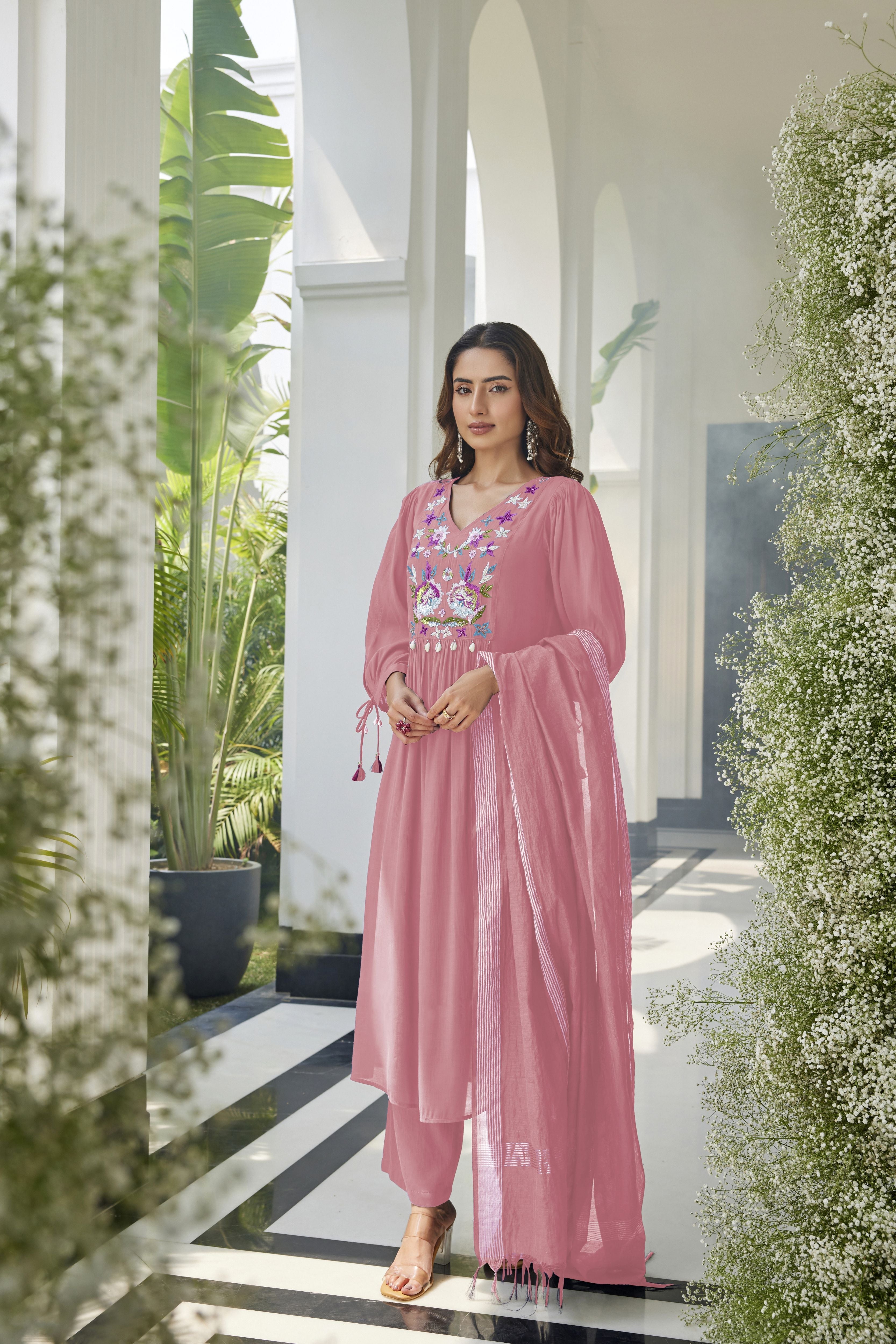 Pink Embroidered Mul Cotton Pants Set