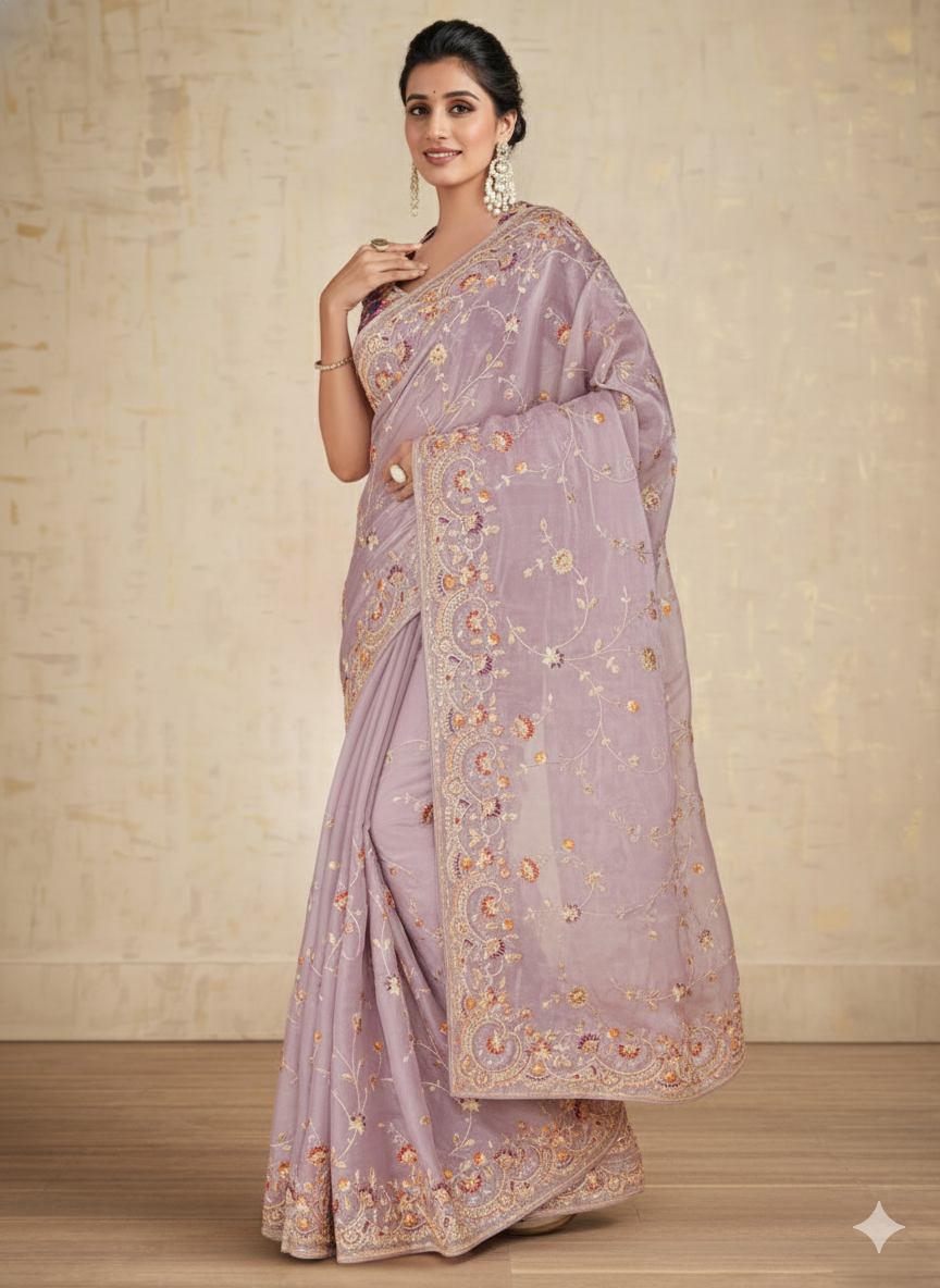 Lilac Embroidered Shimmer Tissue Silk Saree