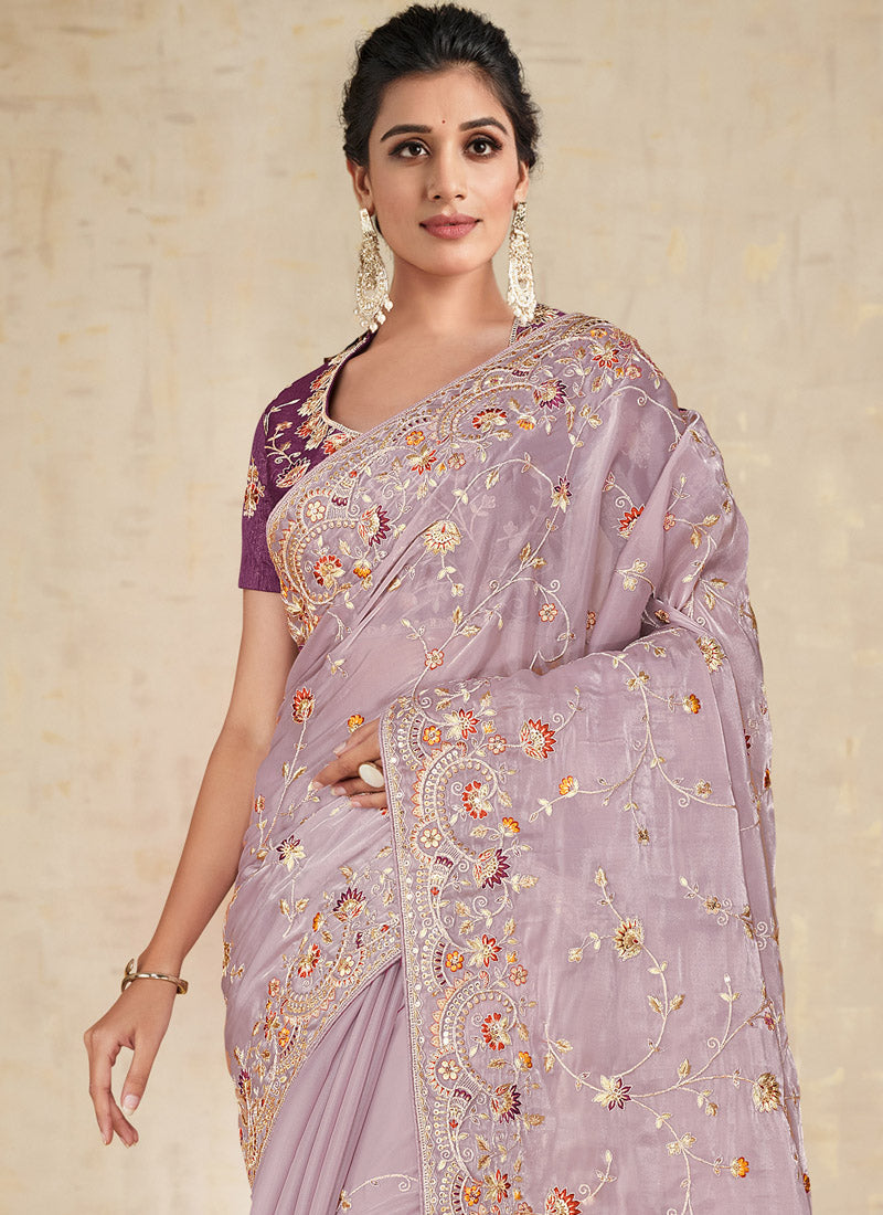 Lilac Embroidered Shimmer Tissue Silk Saree