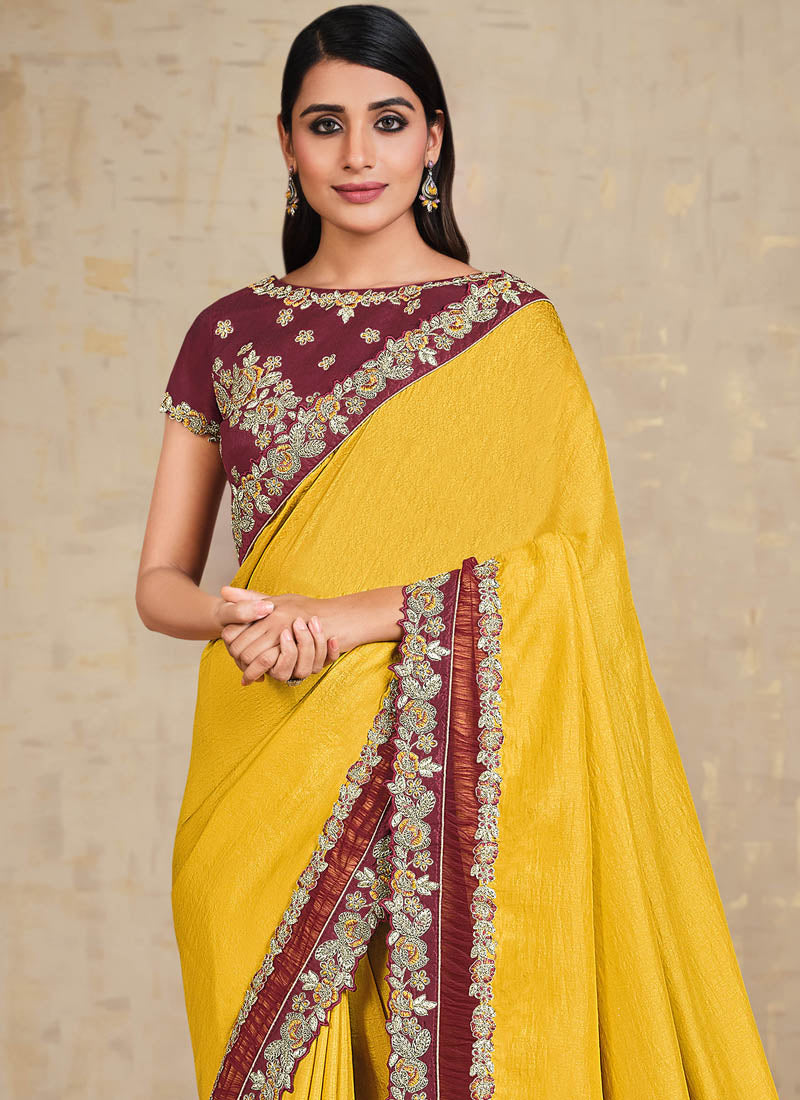 Mustard Yellow Embroidered Tussar Silk Saree