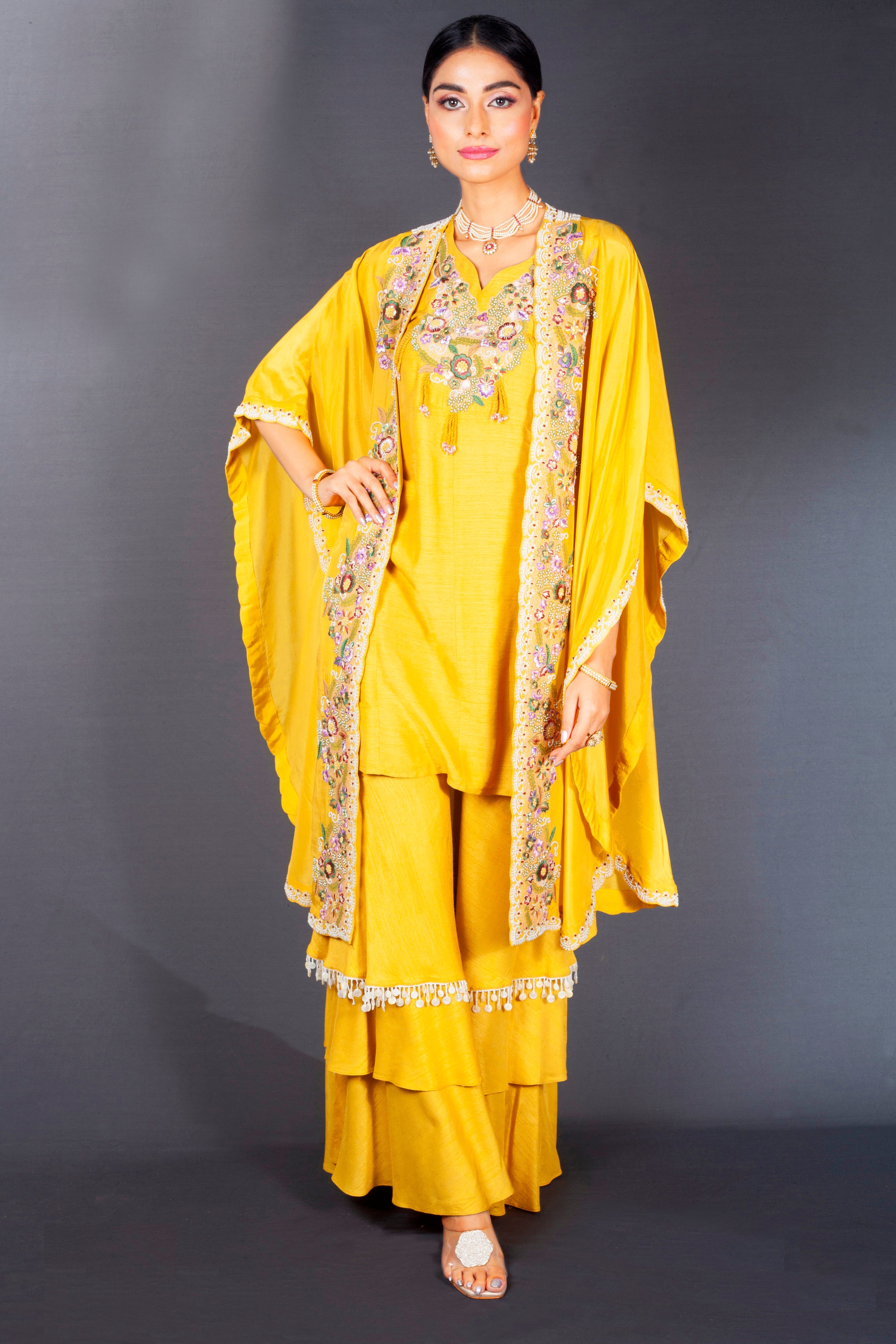 Yellow Embroidered Raw Silk Cape Set