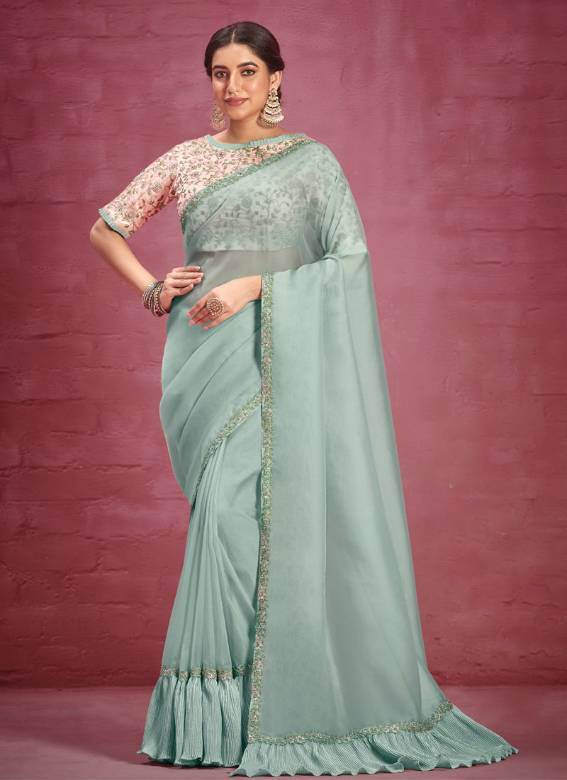Mint Green Embellished Organza Silk Saree