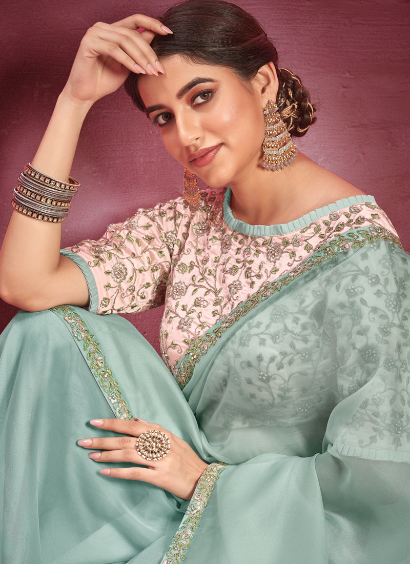 Mint Green Embellished Organza Silk Saree