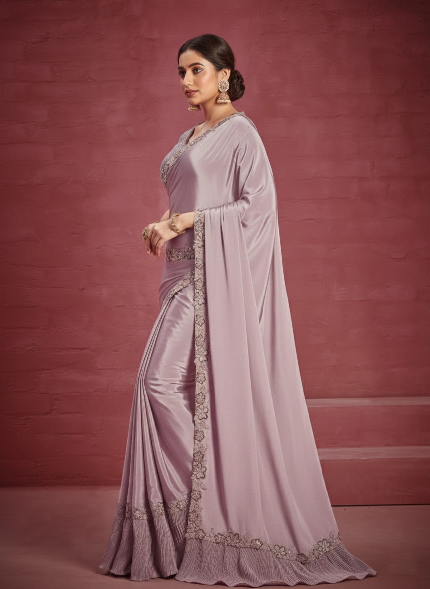 Lavender Purple Embellished Crepe Silk Saree
