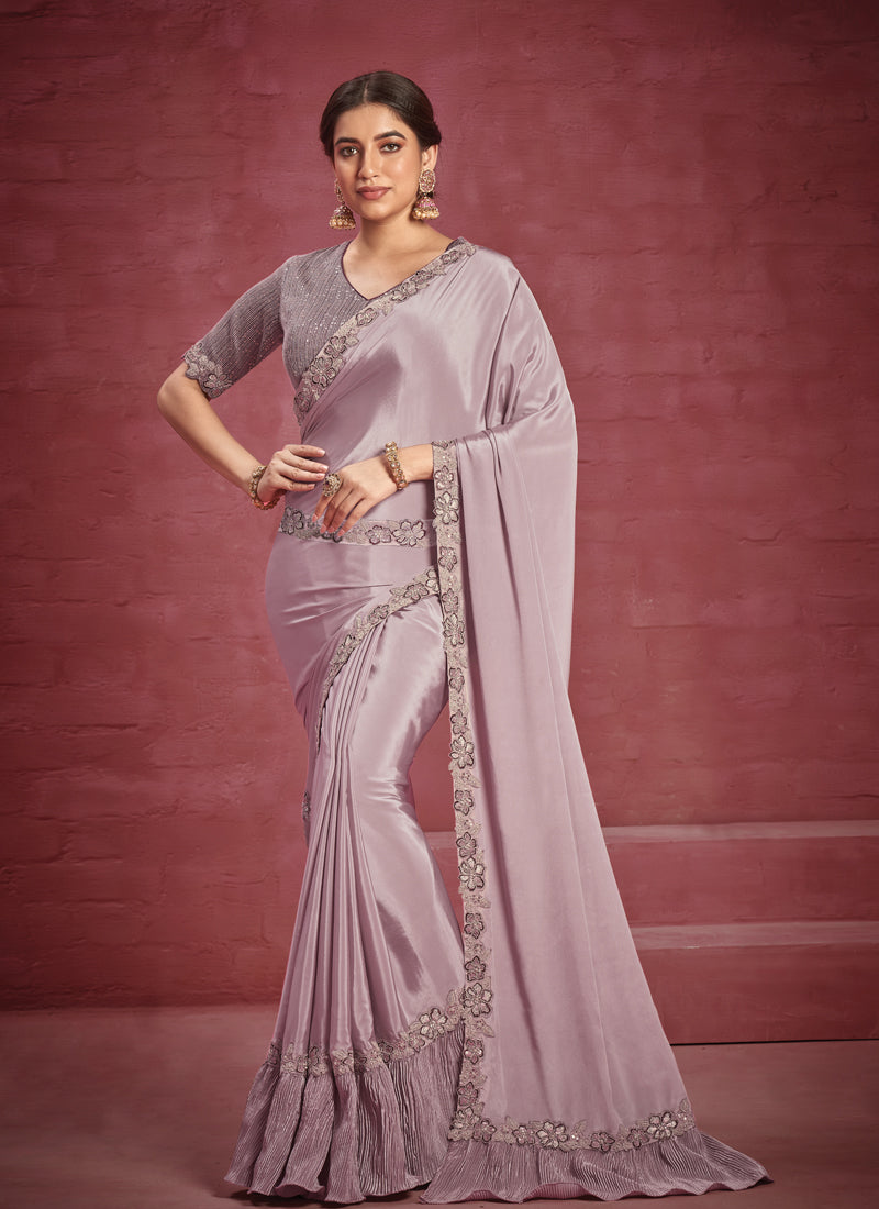 Lavender Purple Embellished Crepe Silk Saree