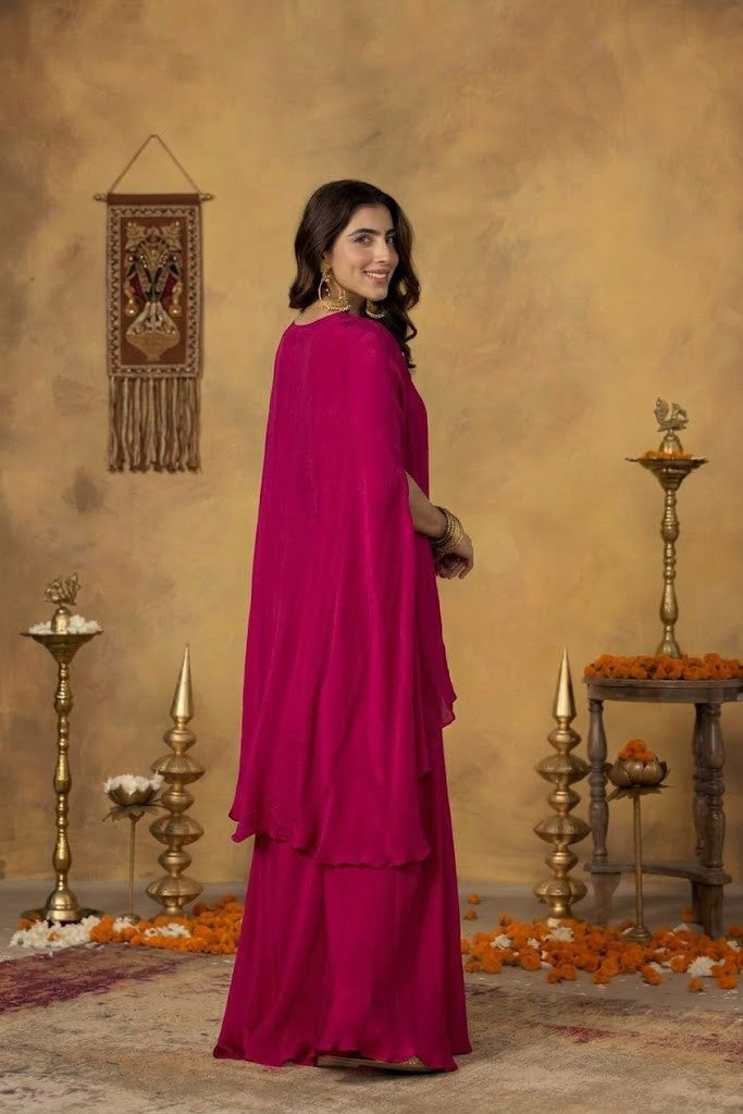Rani Pink Embellished Chinon Silk Palazzo Set