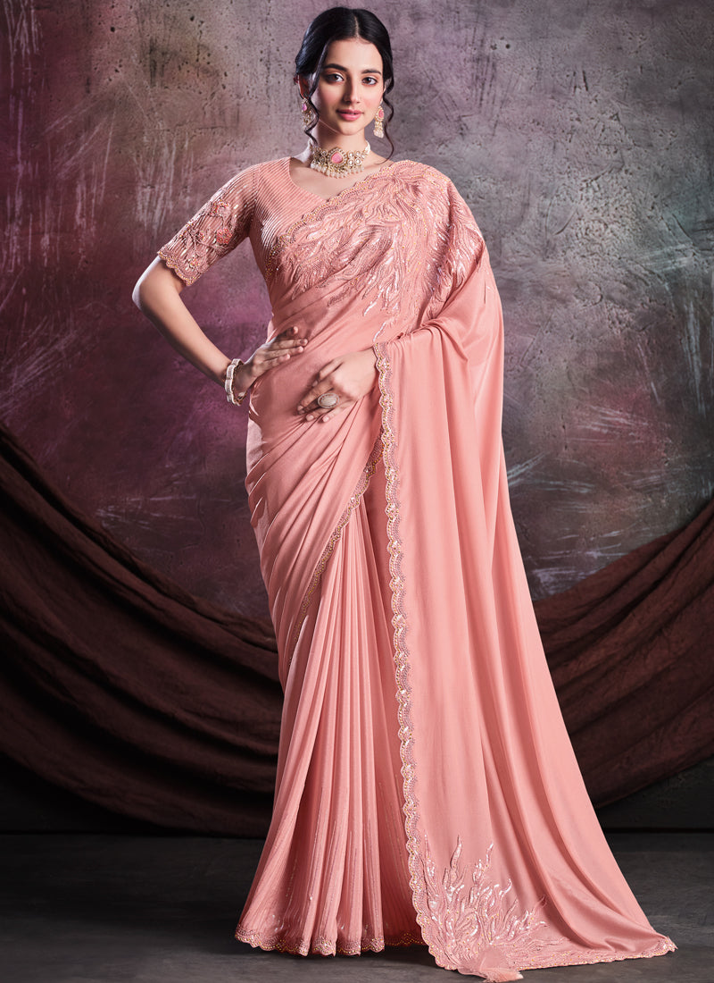 Peach Pink Embellished Shimmer Crepe Silk Saree