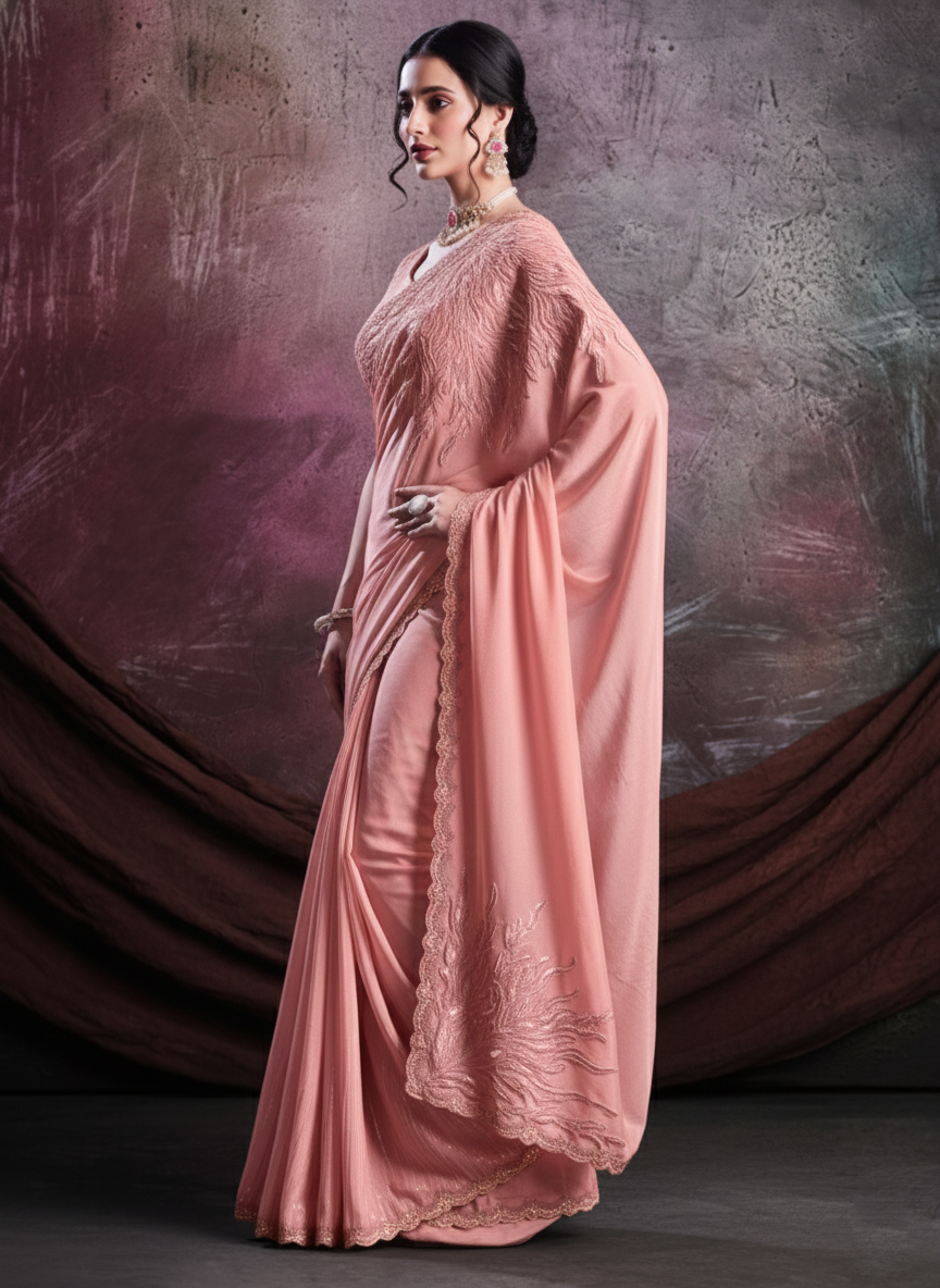Peach Pink Embellished Shimmer Crepe Silk Saree