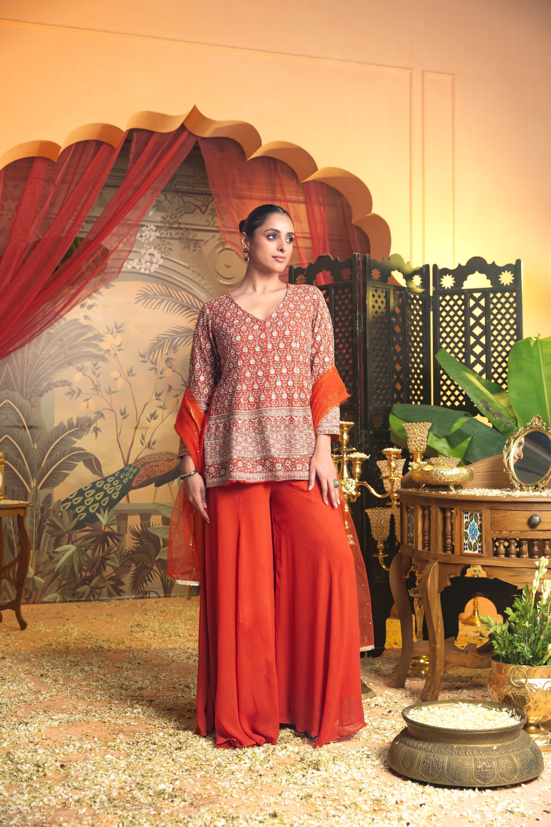 Rich Rust Embellished Organza Silk Palazzo Set