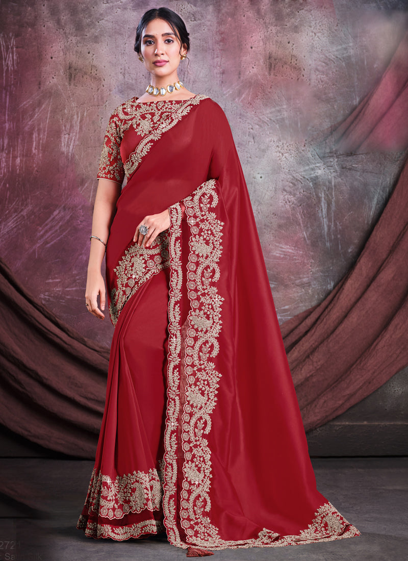 Deep Red Embroidered Satin Silk Saree