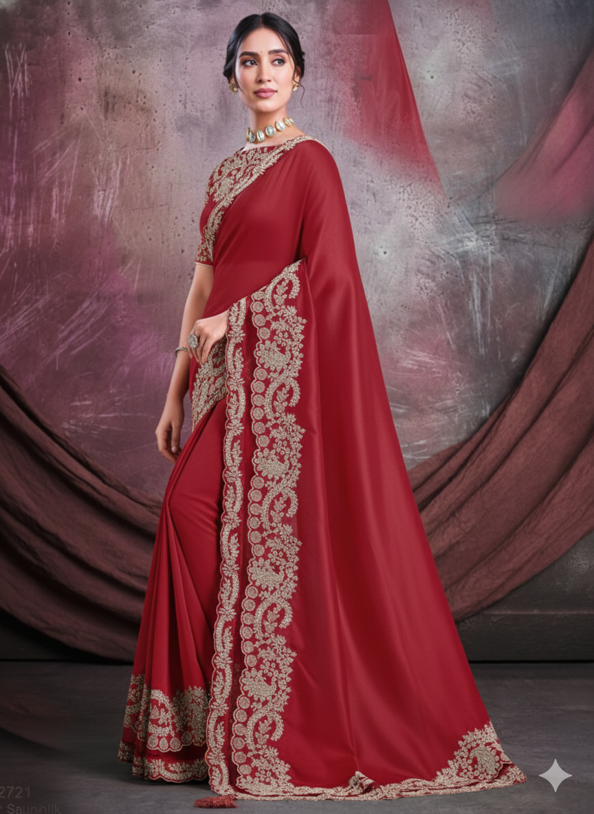 Deep Red Embroidered Satin Silk Saree