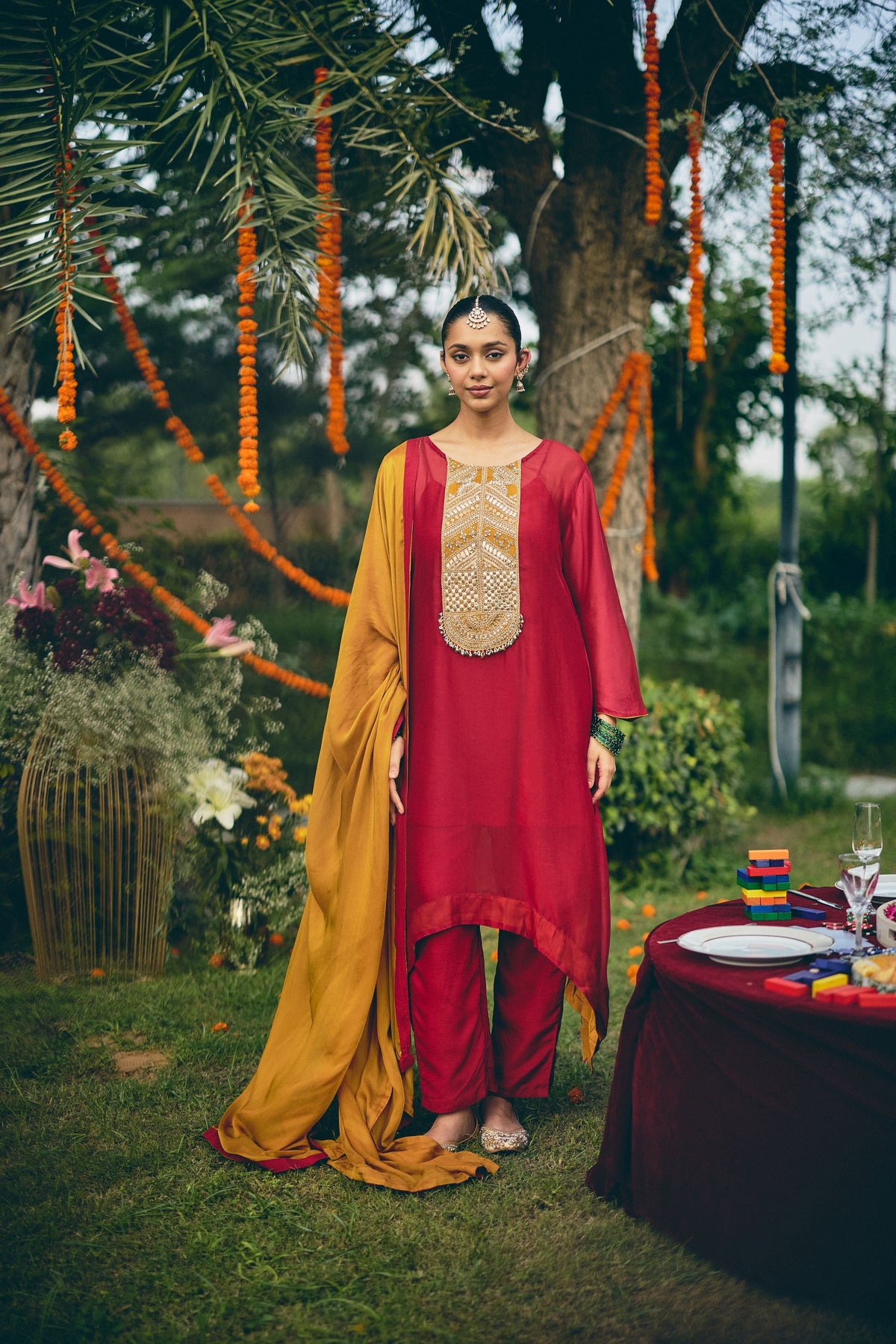 Deep Crimson Red Embellished Organza Silk Pant Set