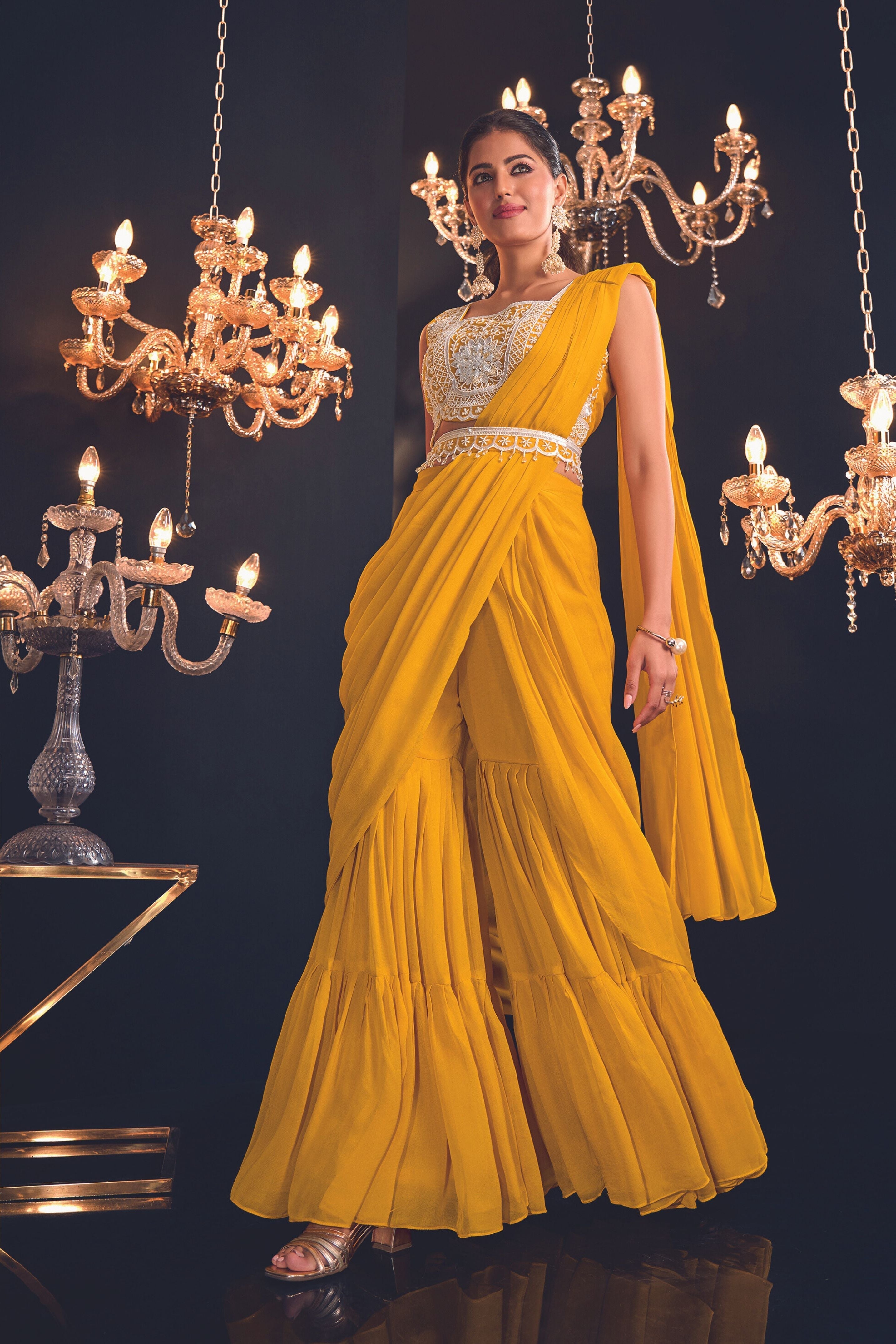 Festive Yellow Embellished Premium Georgette Silk Sharara Saree