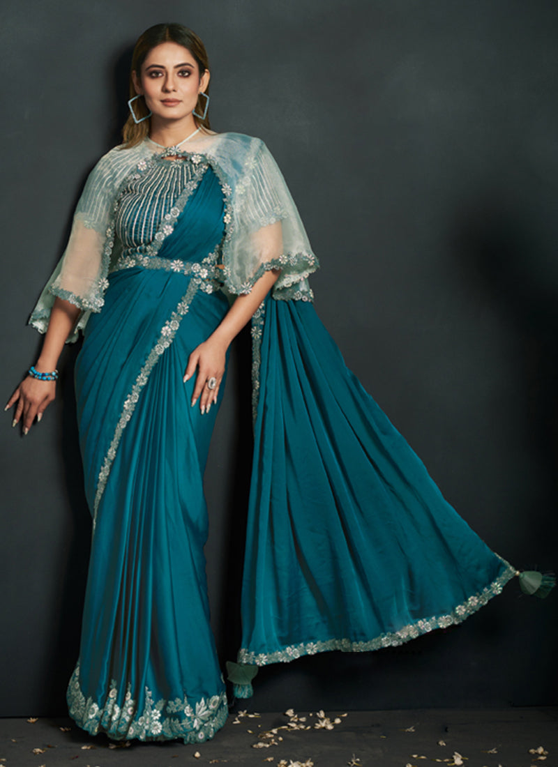 Teal Blue Embroidered Crepe Satin Silk Saree