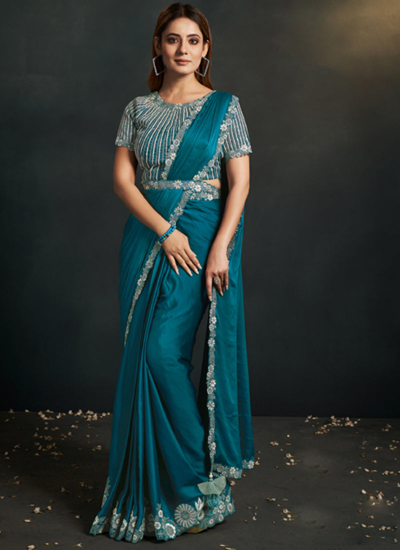 Teal Blue Embroidered Crepe Satin Silk Saree