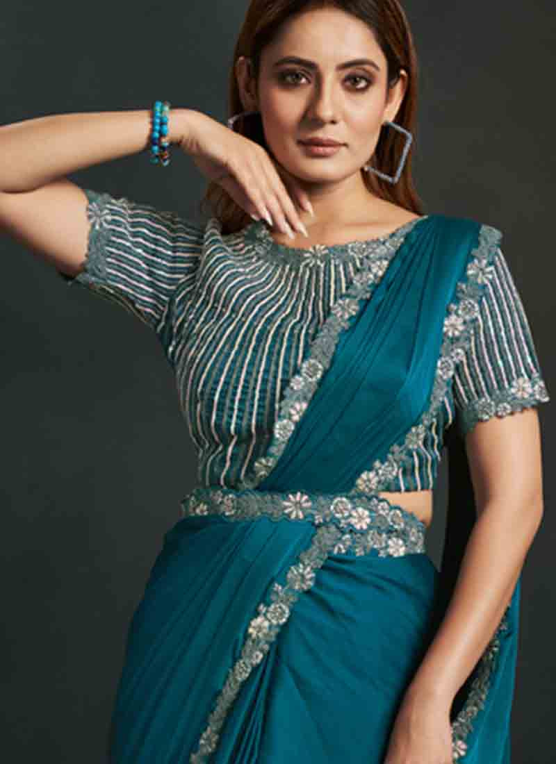 Teal Blue Embroidered Crepe Satin Silk Saree