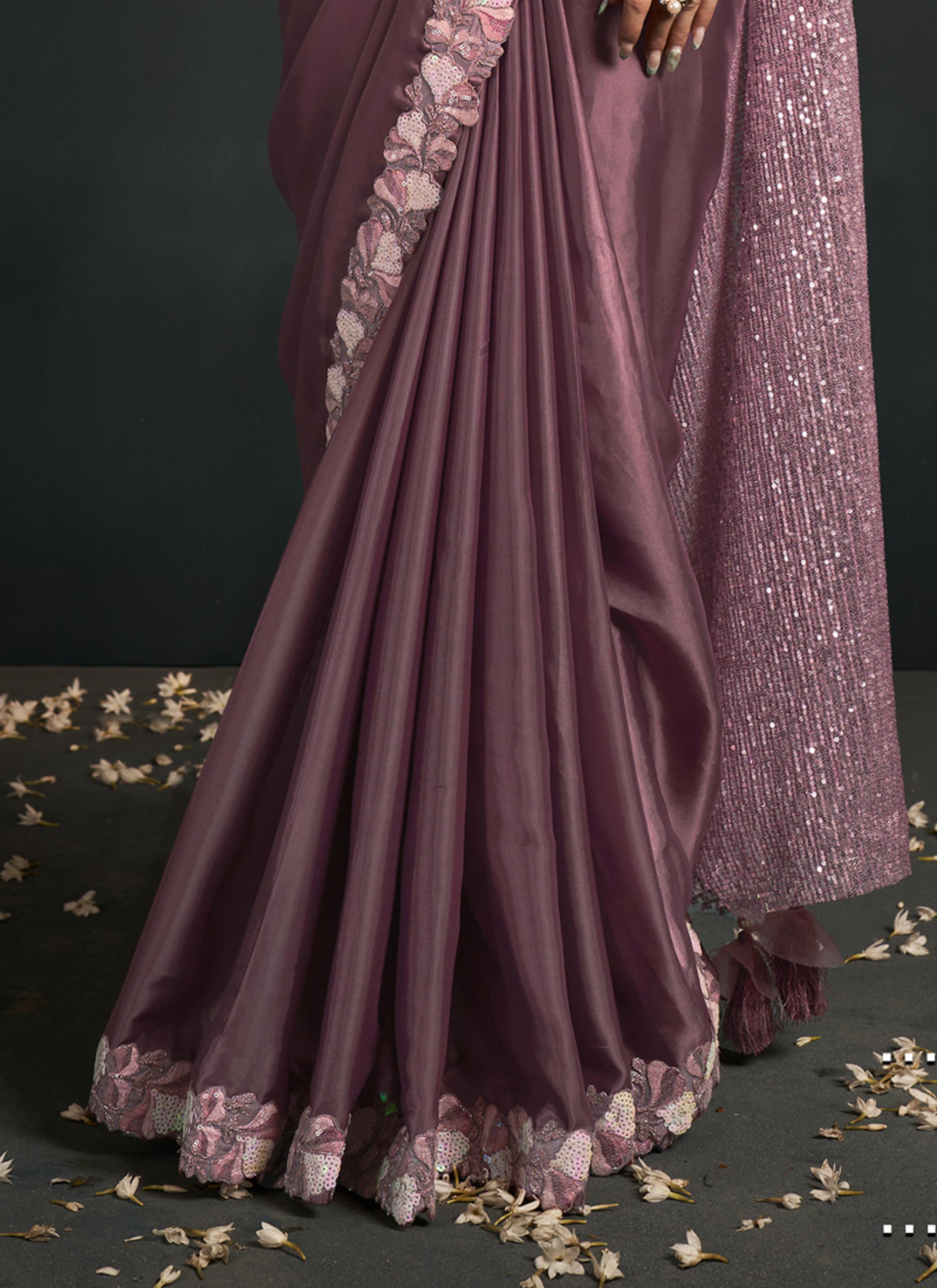 Dusty Pink Embellished Satin Silk Saree