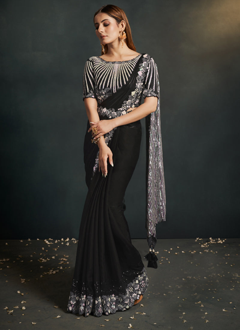 Shadow Black Embellished Crepe Satin Silk Saree