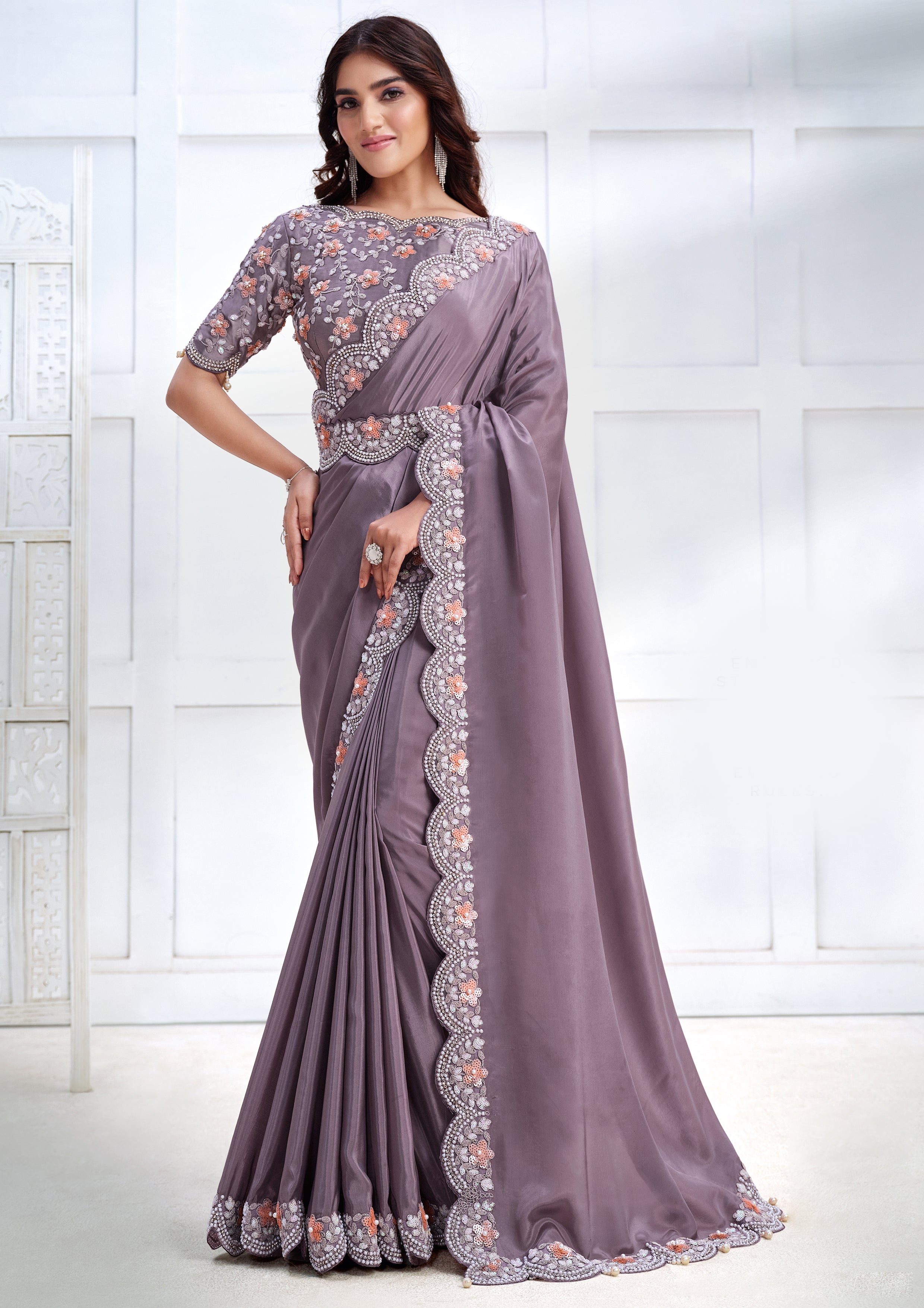 Wisteria Embellished Crepe Satin Silk Saree