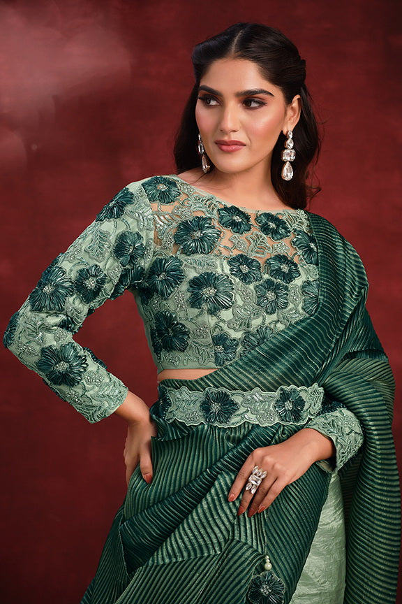 Emerald Banarasi Embellished Crushed Silk Saree