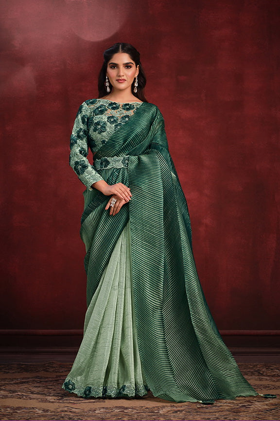 Emerald Banarasi Embellished Crushed Silk Saree