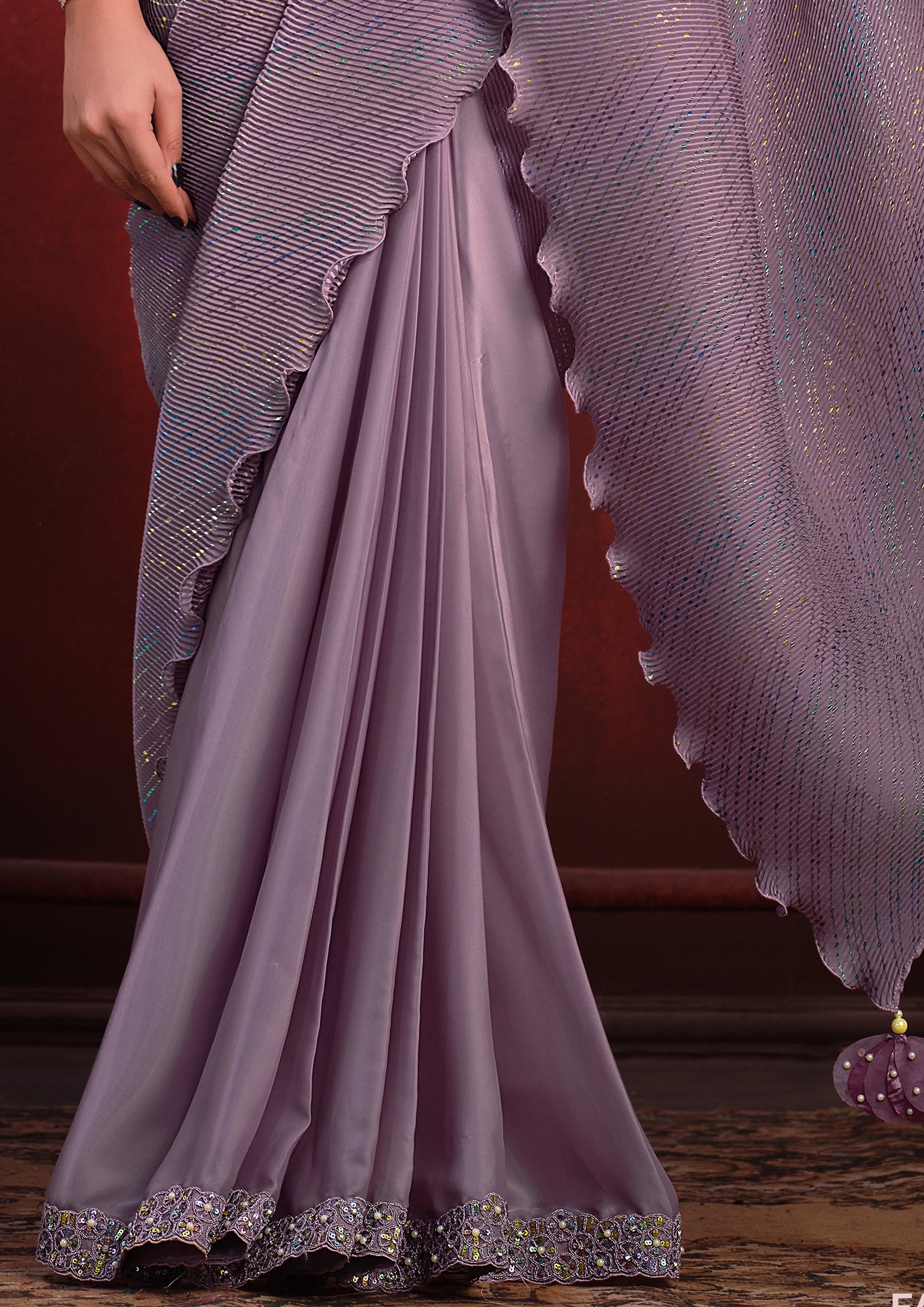 Lavender Stellar Embellished Crepe Satin Silk Saree