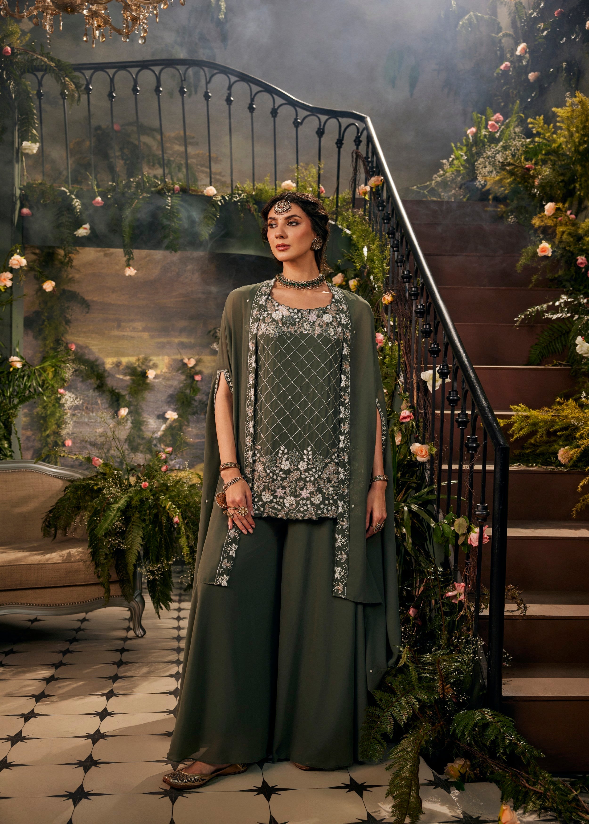 Olive Green Embellished Georgette Silk Cape Set