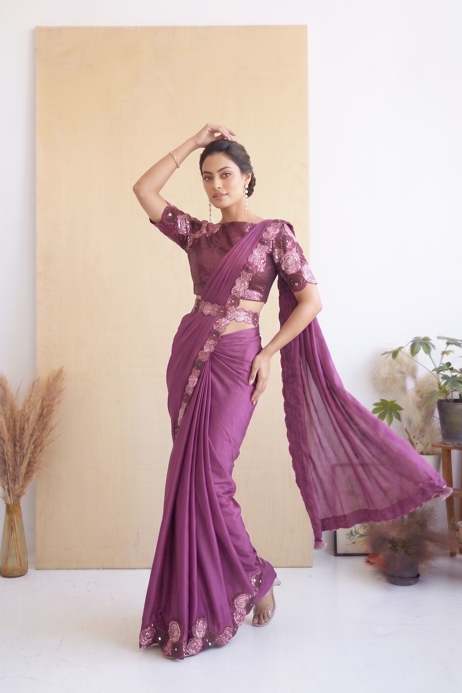 Orchid Embellished Crepe Satin Silk Saree