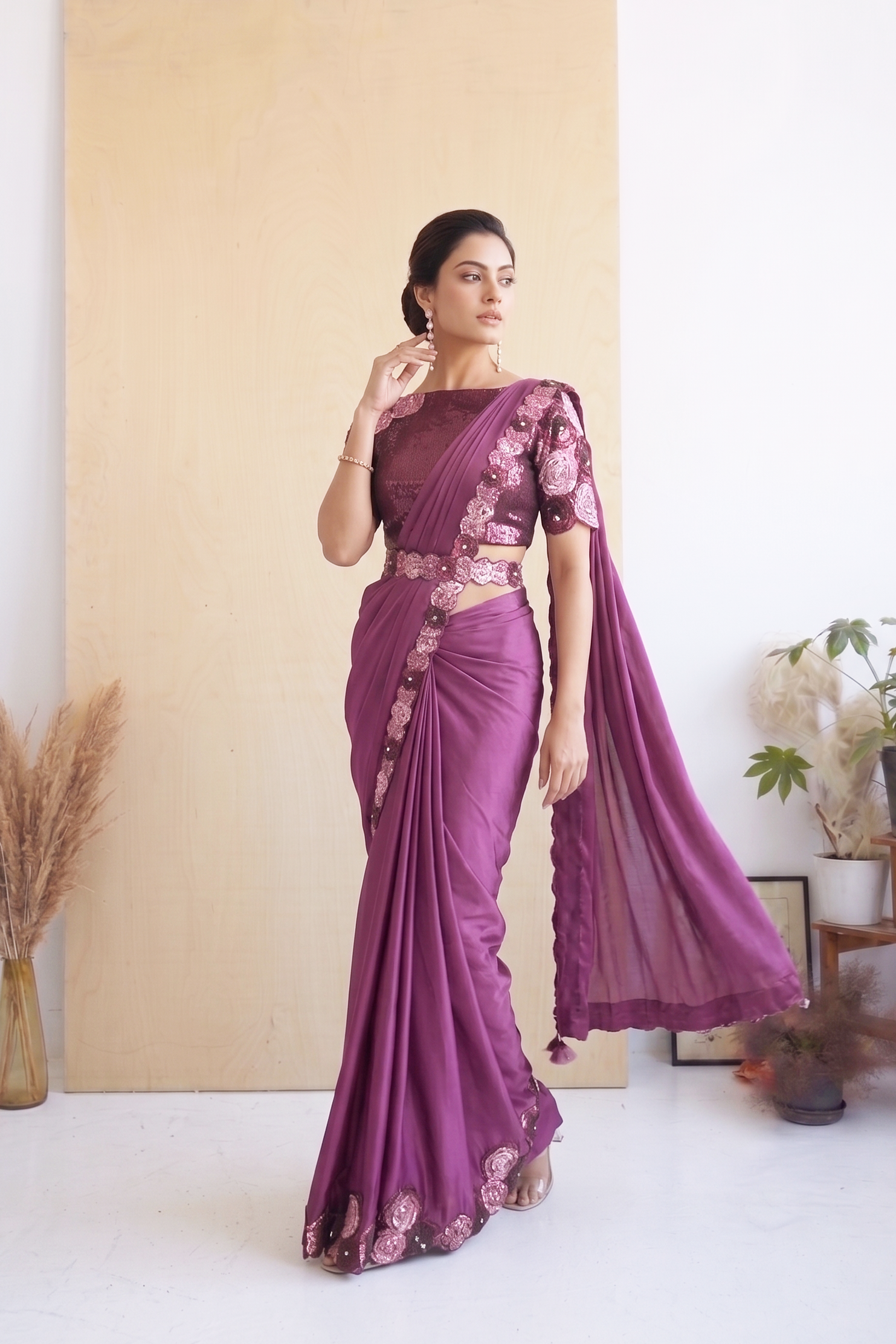 Orchid Embellished Crepe Satin Silk Saree