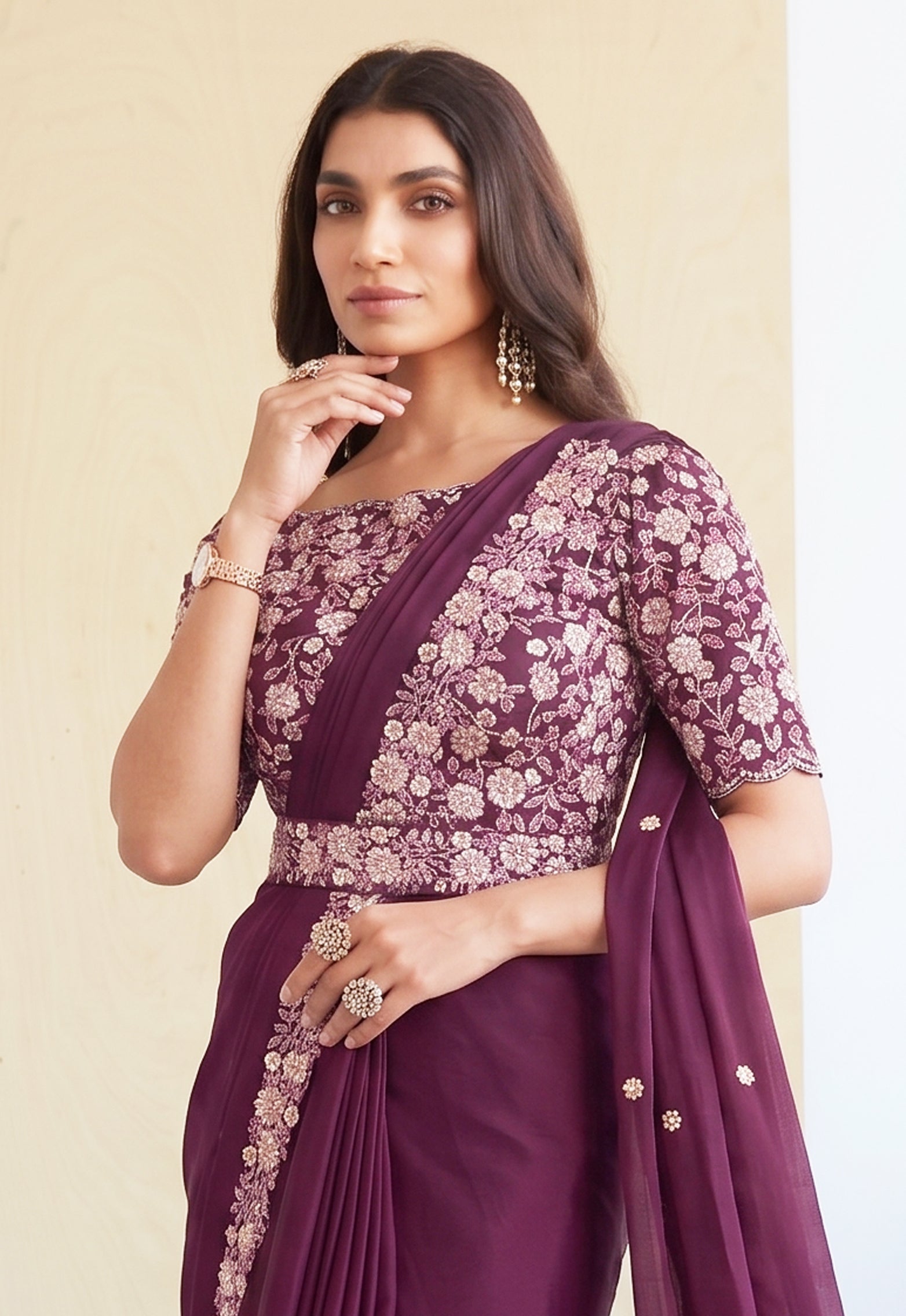 Wine Purple Embellished Crepe Satin Silk Saree