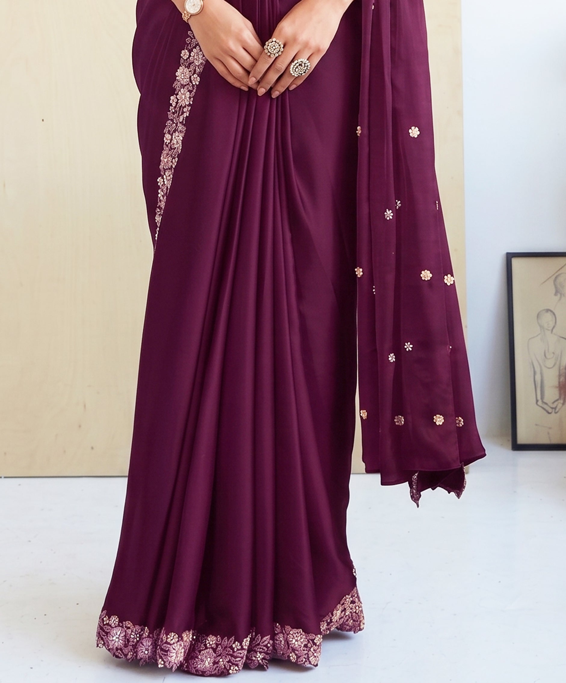 Wine Purple Embellished Crepe Satin Silk Saree