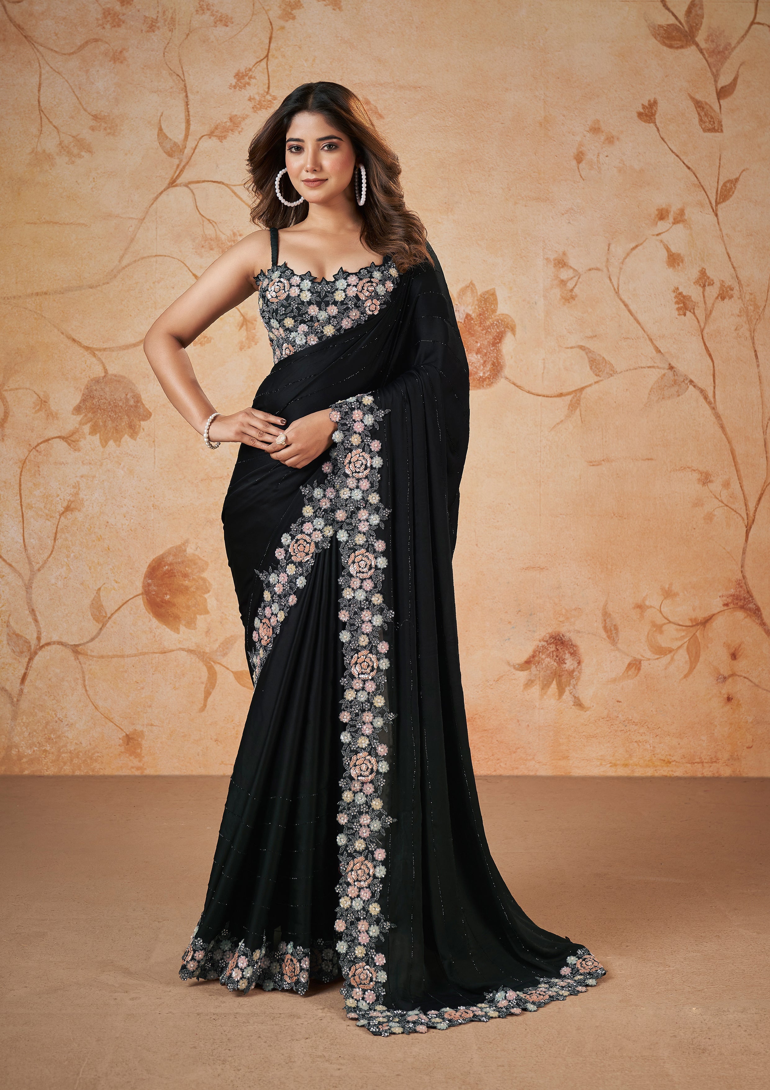 Onyx Black Embellished Crepe Satin Silk Saree