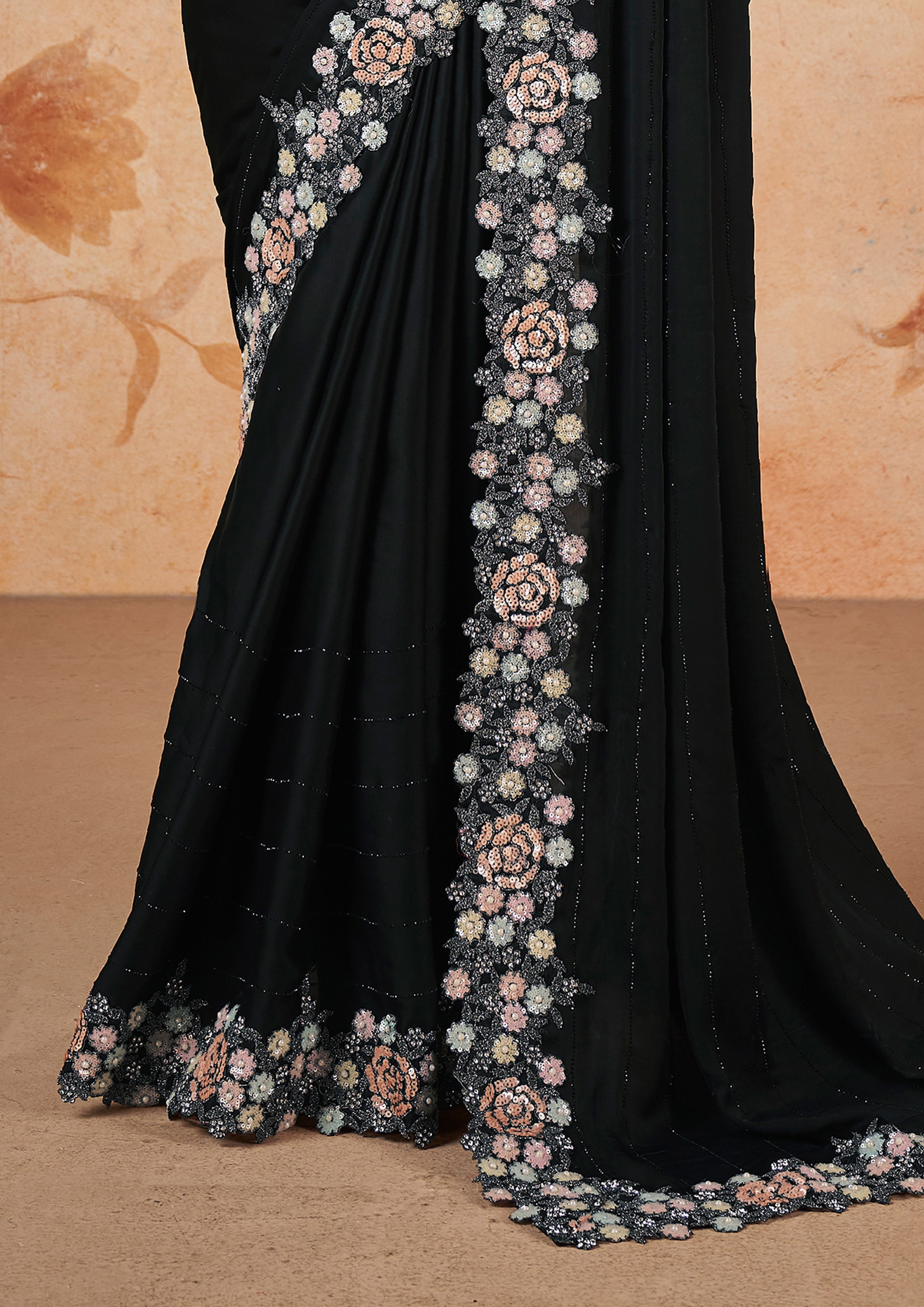 Onyx Black Embellished Crepe Satin Silk Saree