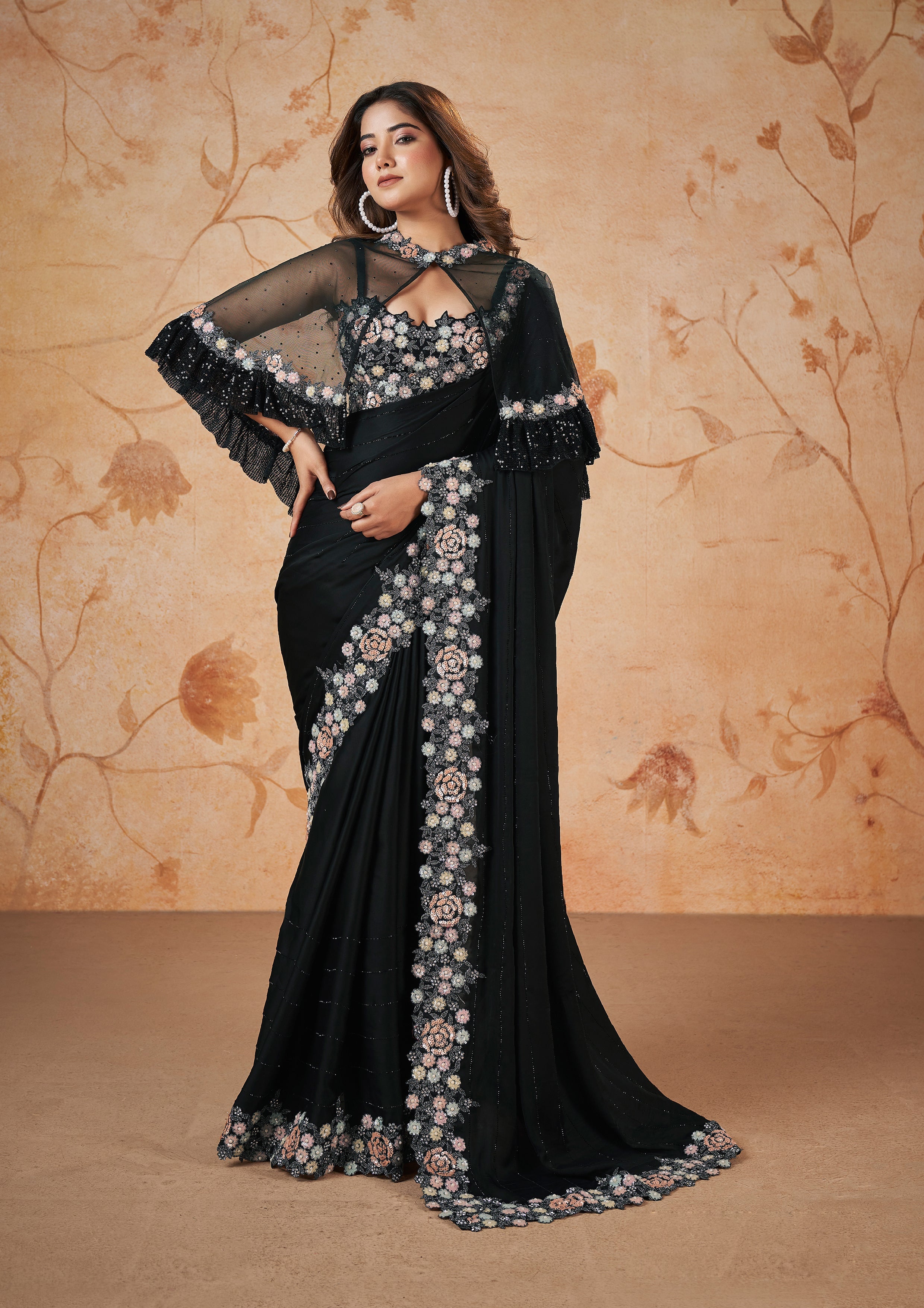 Onyx Black Embellished Crepe Satin Silk Saree