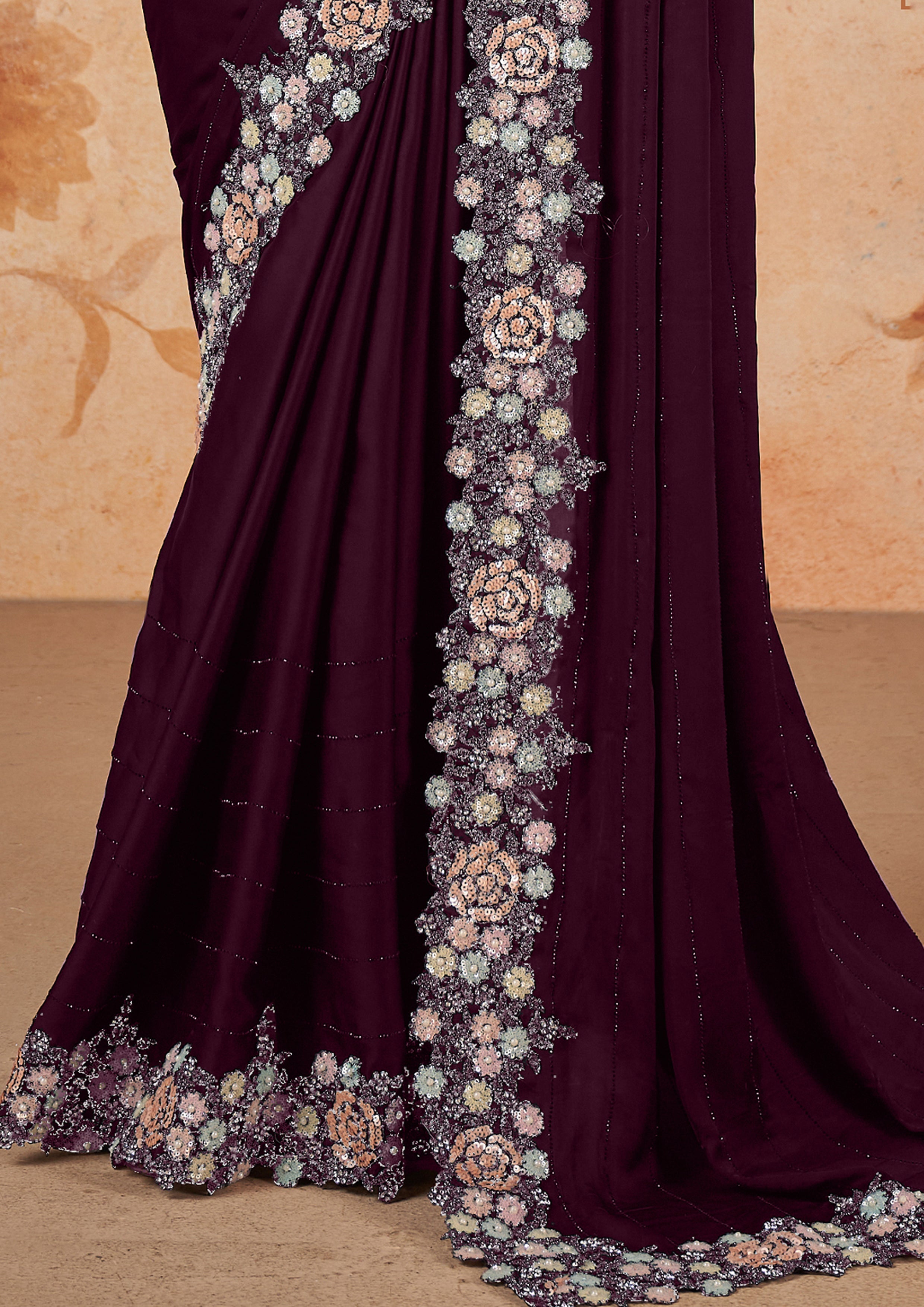 Deep Purple Embellished Crepe Satin Silk Saree