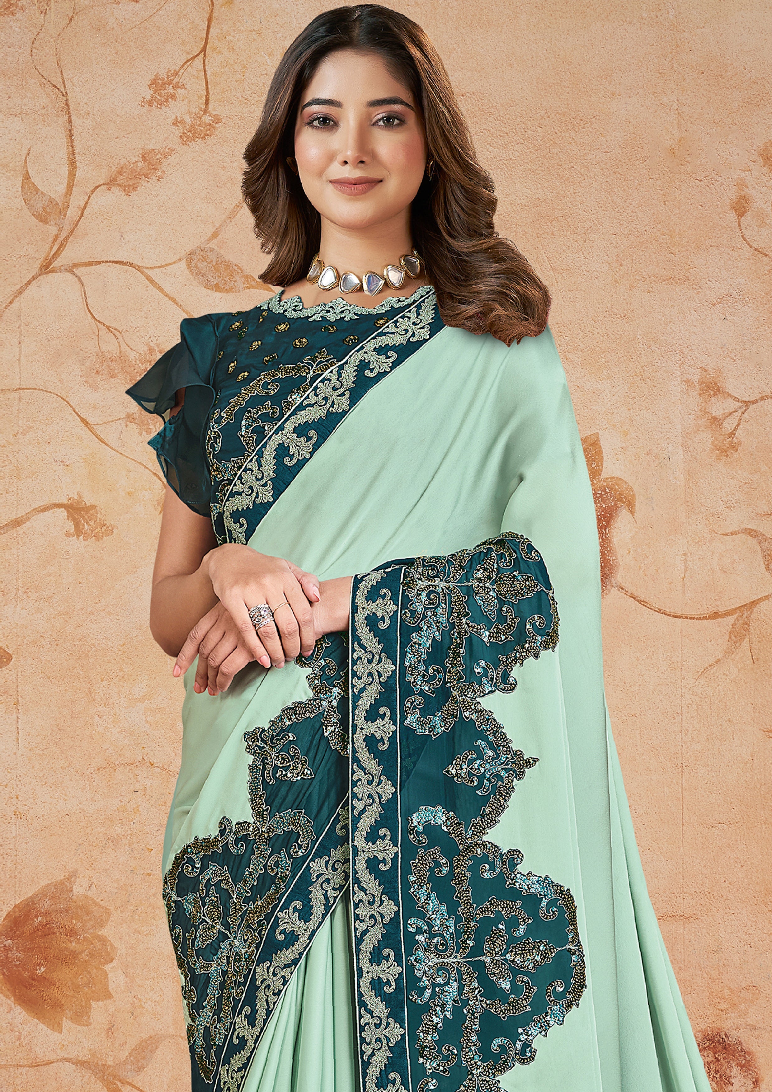 Seafoam Embroidered Georgette Silk Saree