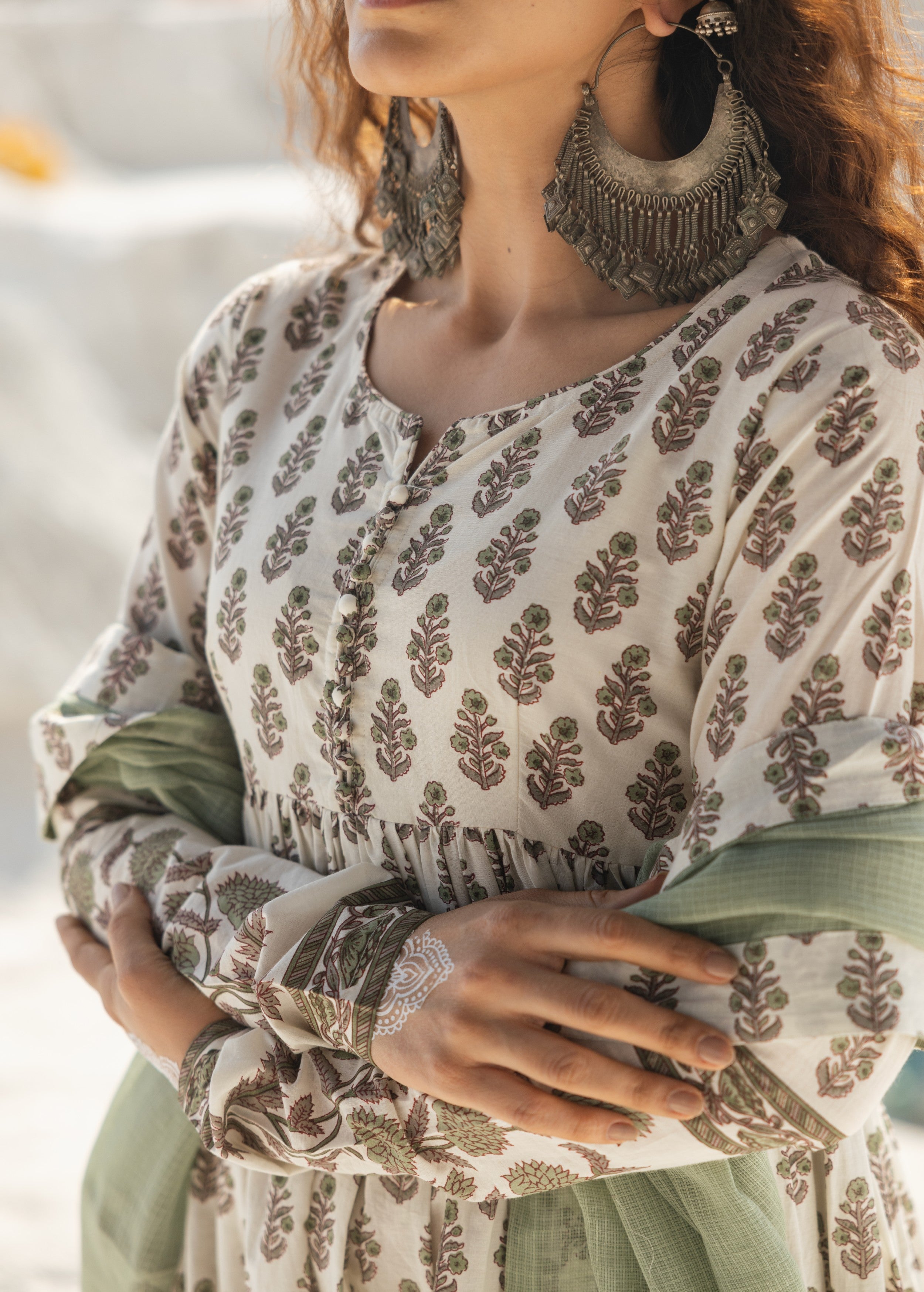 Cream and Olive Printed Organic Cotton Anarkali Set