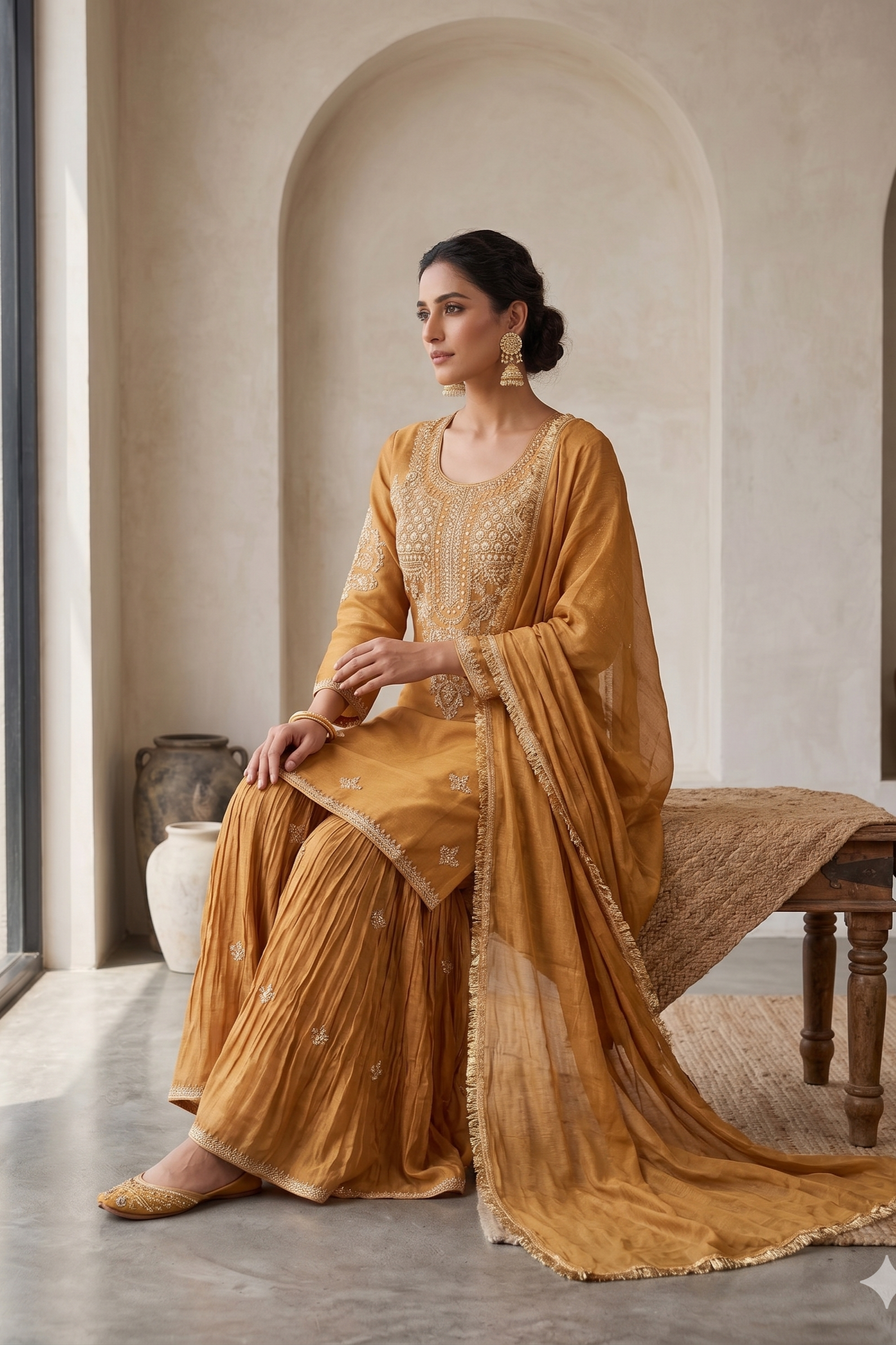 Mustard Gold Embellished Tissue Silk Sharara Set